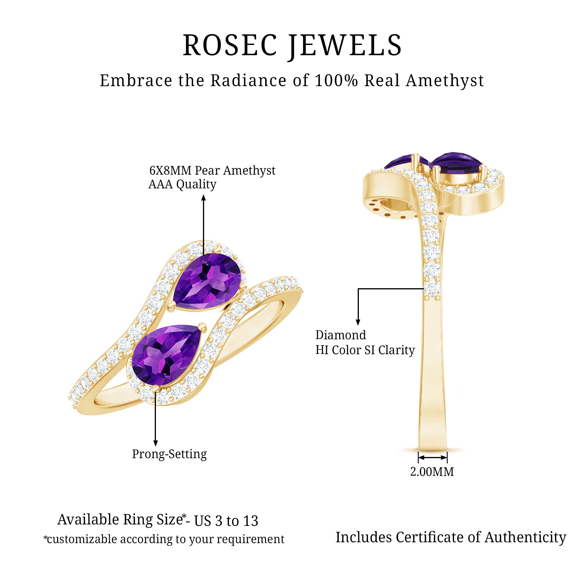 Rosec Jewels-Vintage Inspired Amethyst 2 Stone Bypass Engagement Ring with Diamond