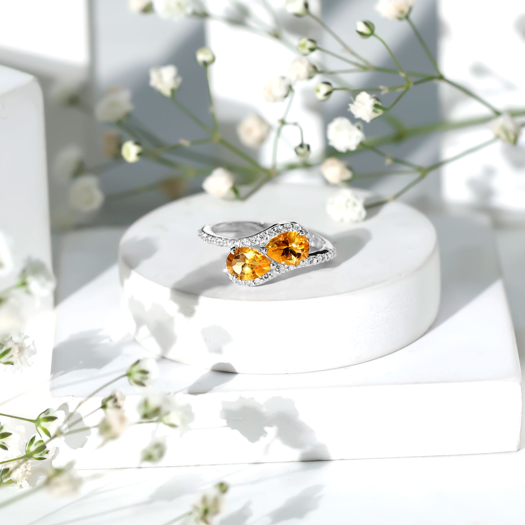 Rosec Jewels-Pear Shape Citrine Two Stone Engagement Ring with Diamond