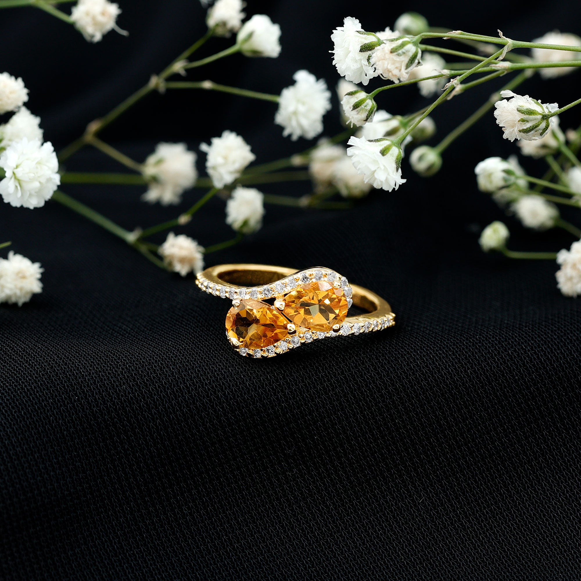 Rosec Jewels-Pear Shape Citrine Two Stone Engagement Ring with Diamond
