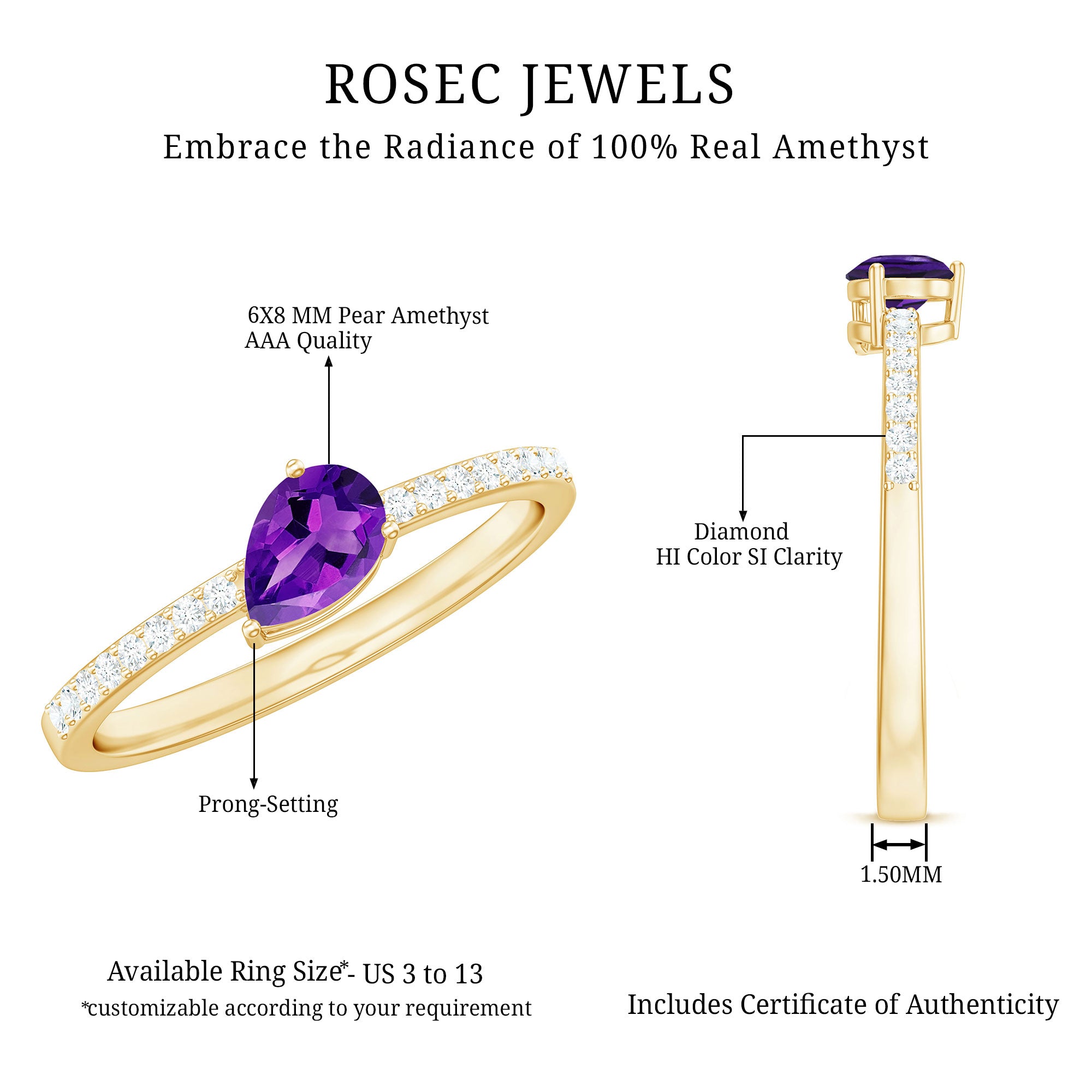 Natural 1 Carat Pear Shaped Amethyst Engagement Ring with Diamond AAA - Rosec Jewels