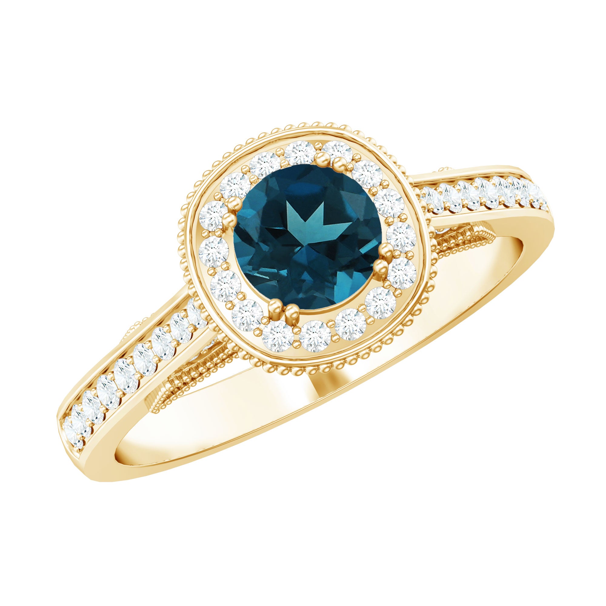 Vintage Looking London Blue Topaz Engagement Ring with Diamond Halo AAA - Rosec Jewels