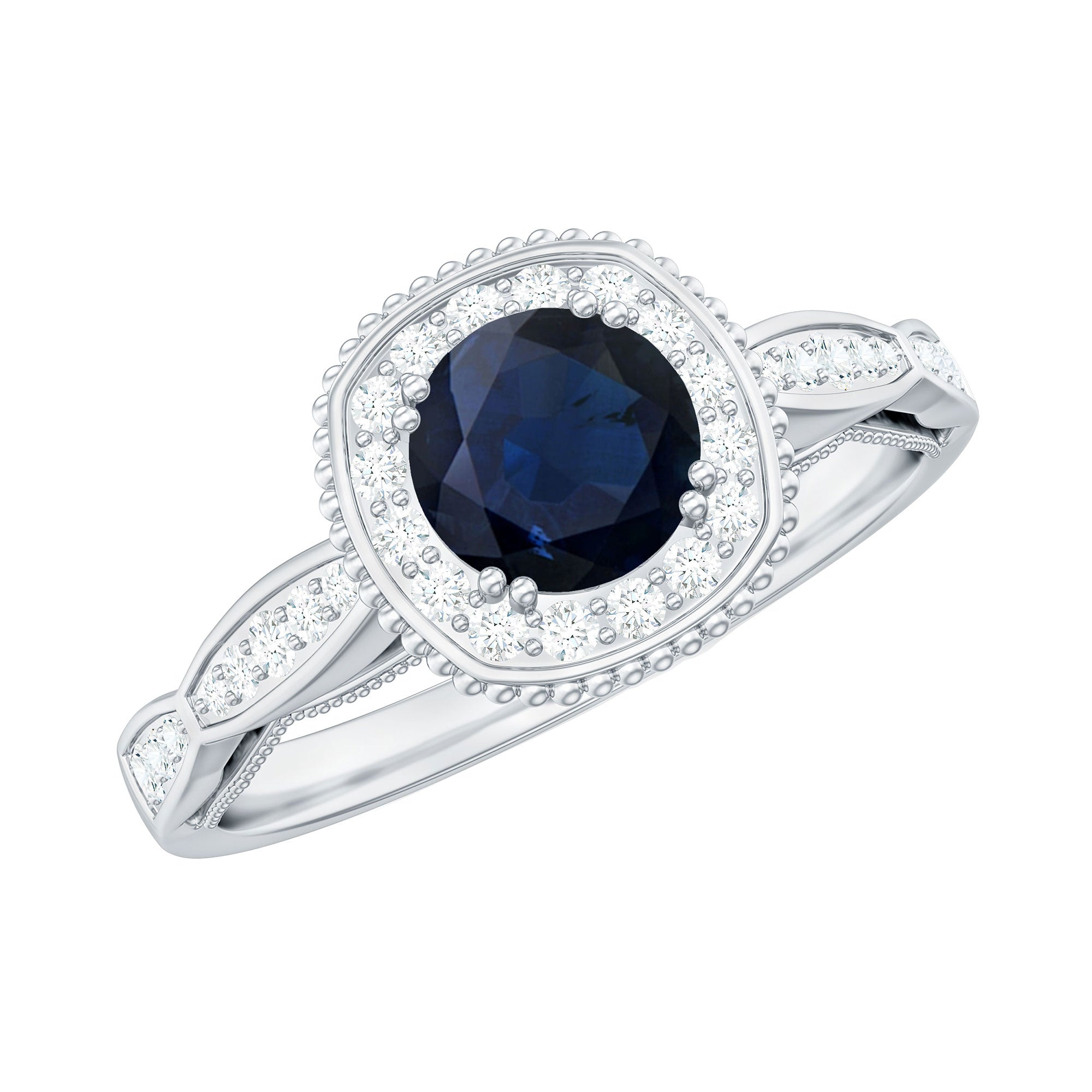 1.25 CT Round Blue Sapphire Antique Engagement Ring with Diamond Halo