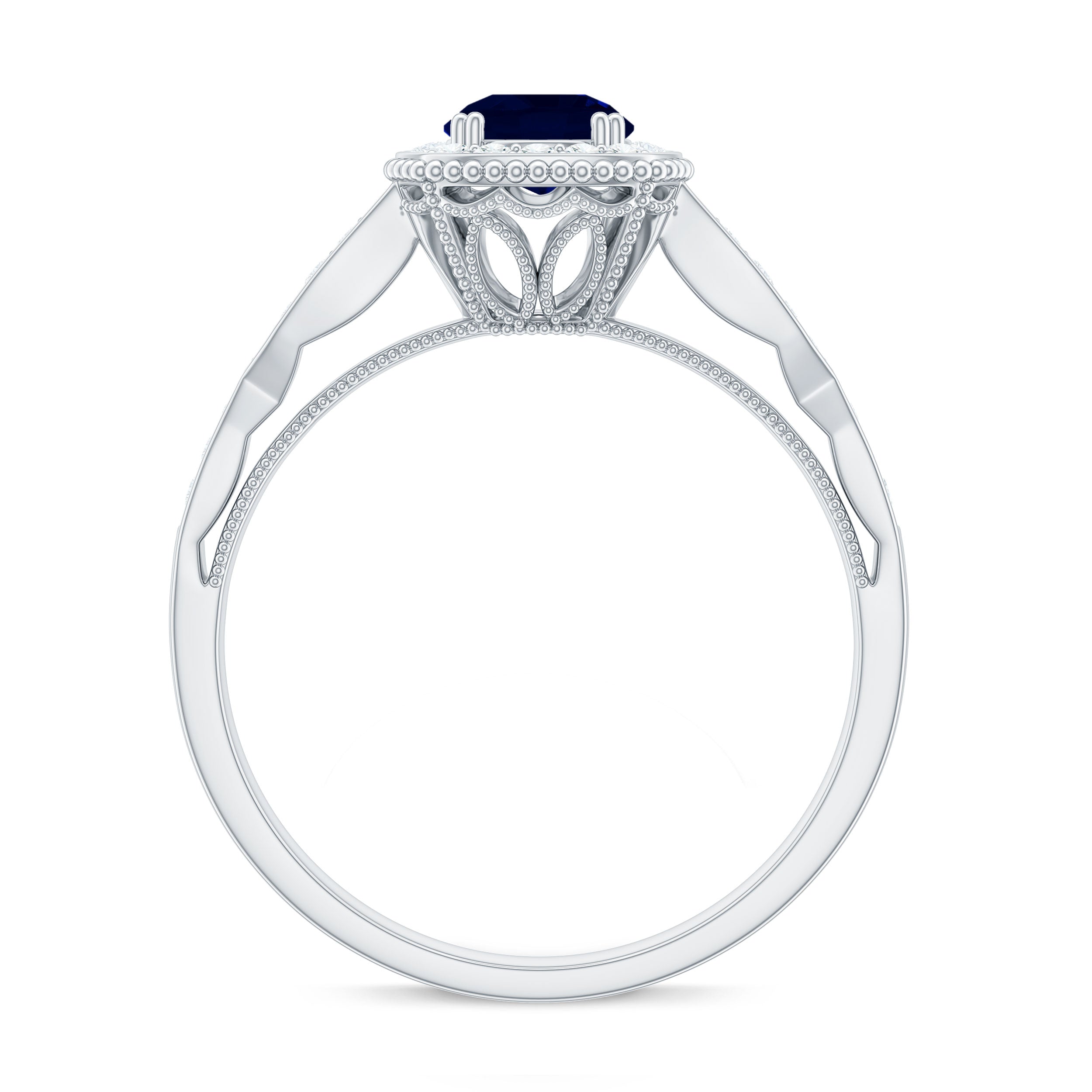 Rosec Jewels-Round 0.9 Carat Blue Sapphire Antique Engagement Ring with Diamond Halo