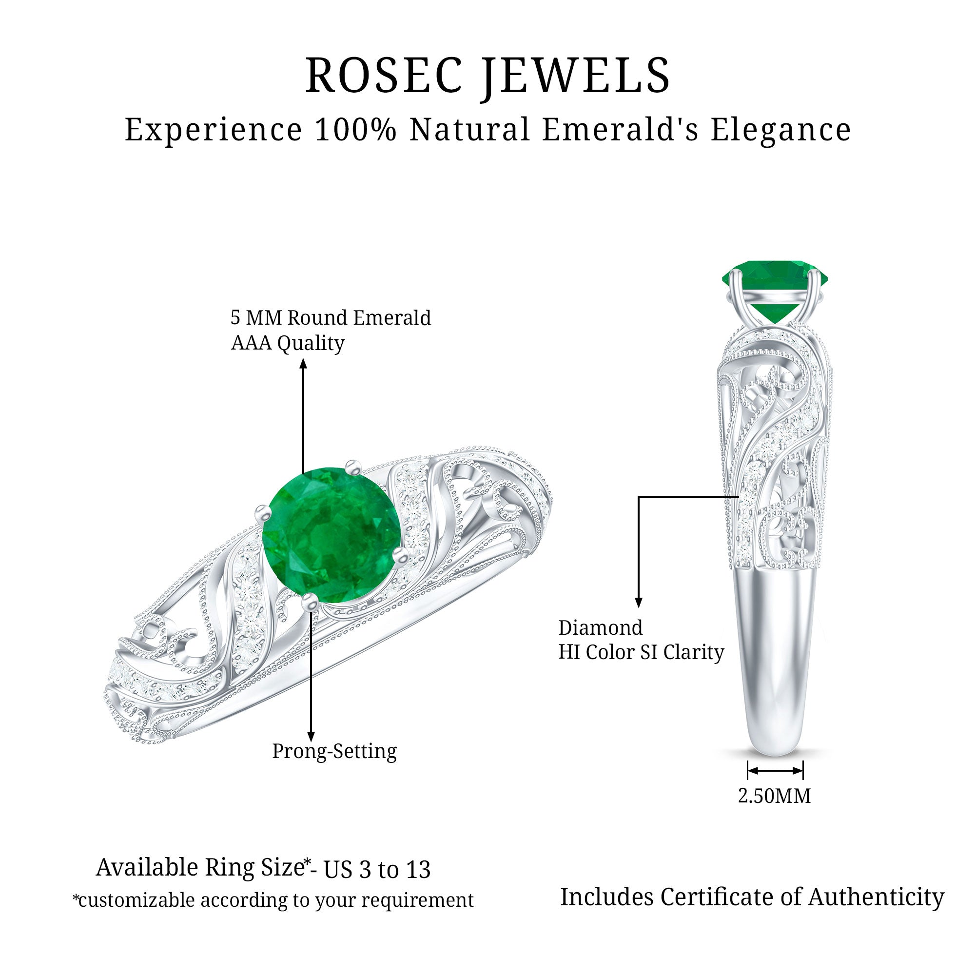 Rosec Jewels-Vintage Looking Emerald and Diamond Engagement Ring for Women