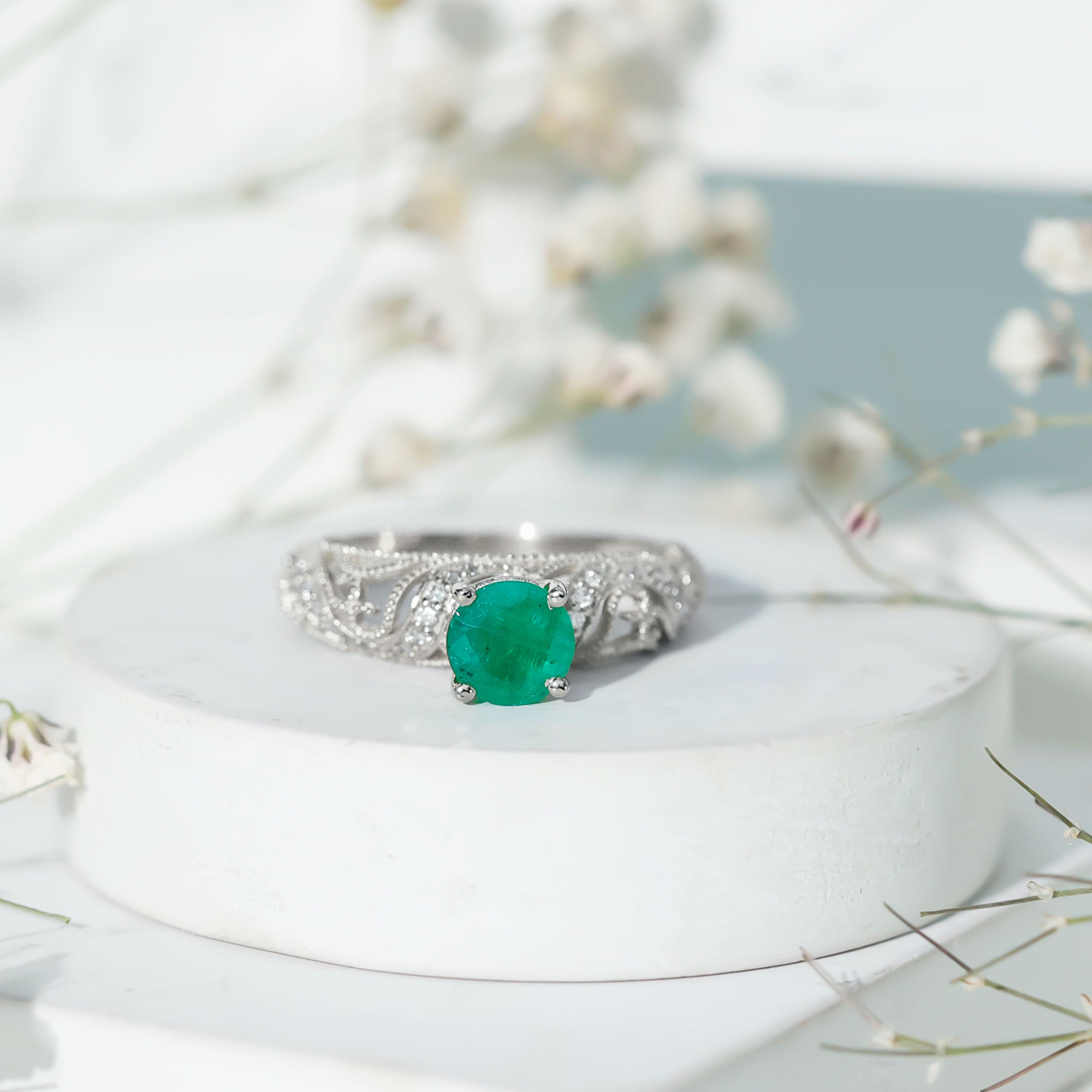 Rosec Jewels-Vintage Looking Emerald and Diamond Engagement Ring for Women