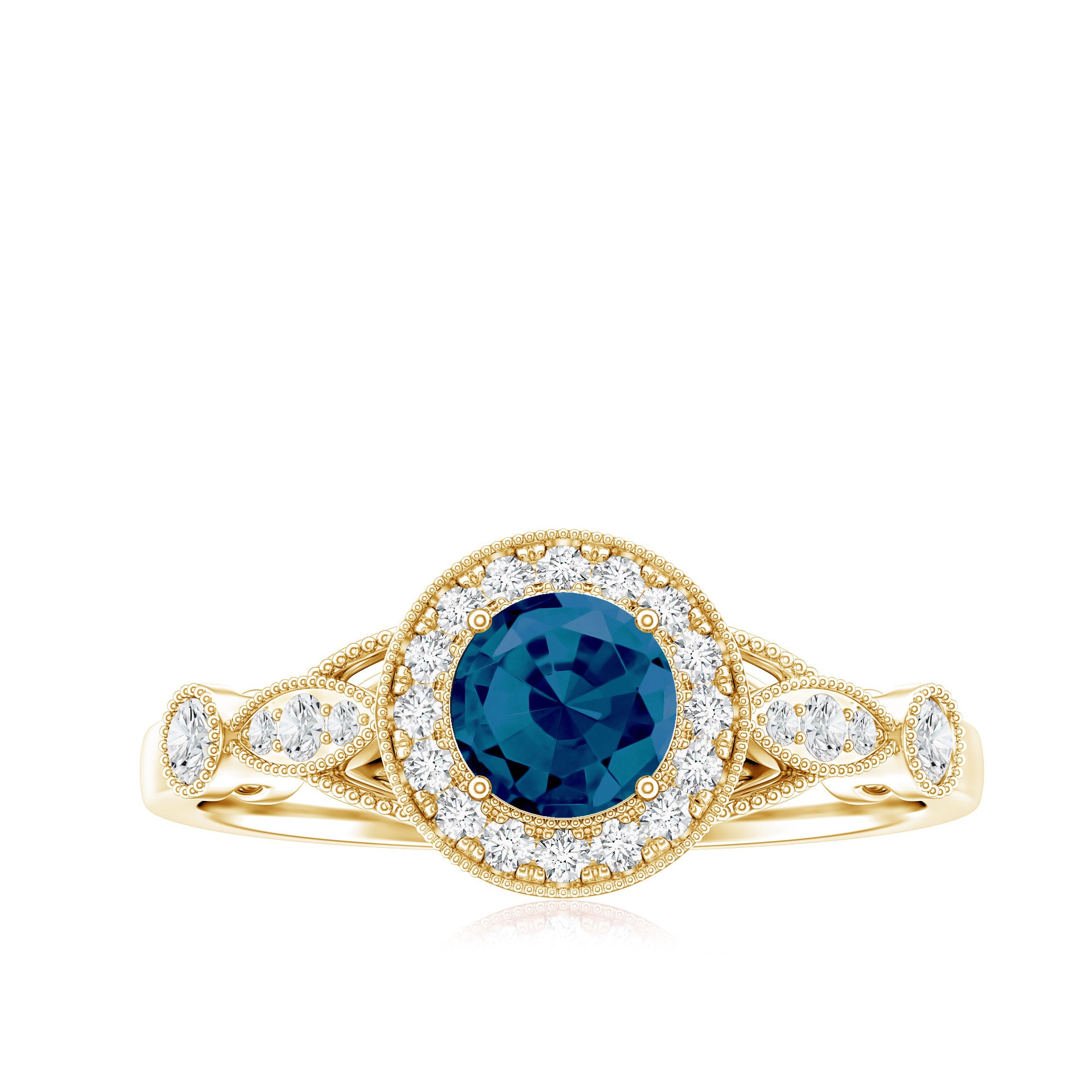 5mm London Blue Topaz Antique Engagement Ring with Diamond Halo AAA - Rosec Jewels