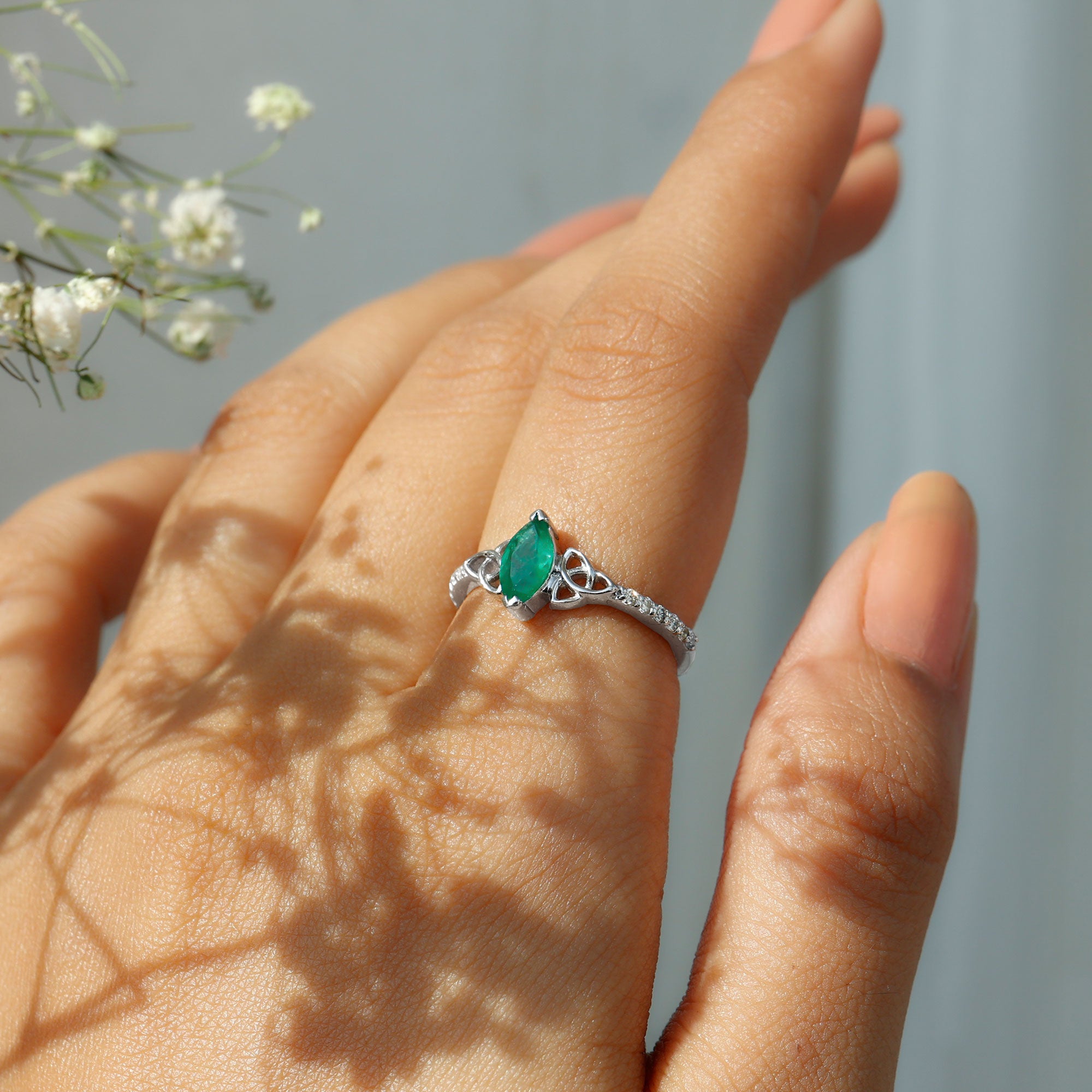 Rosec Jewels-Marquise Cut Emerald Celtic Knot Engagement Ring with Diamonds
