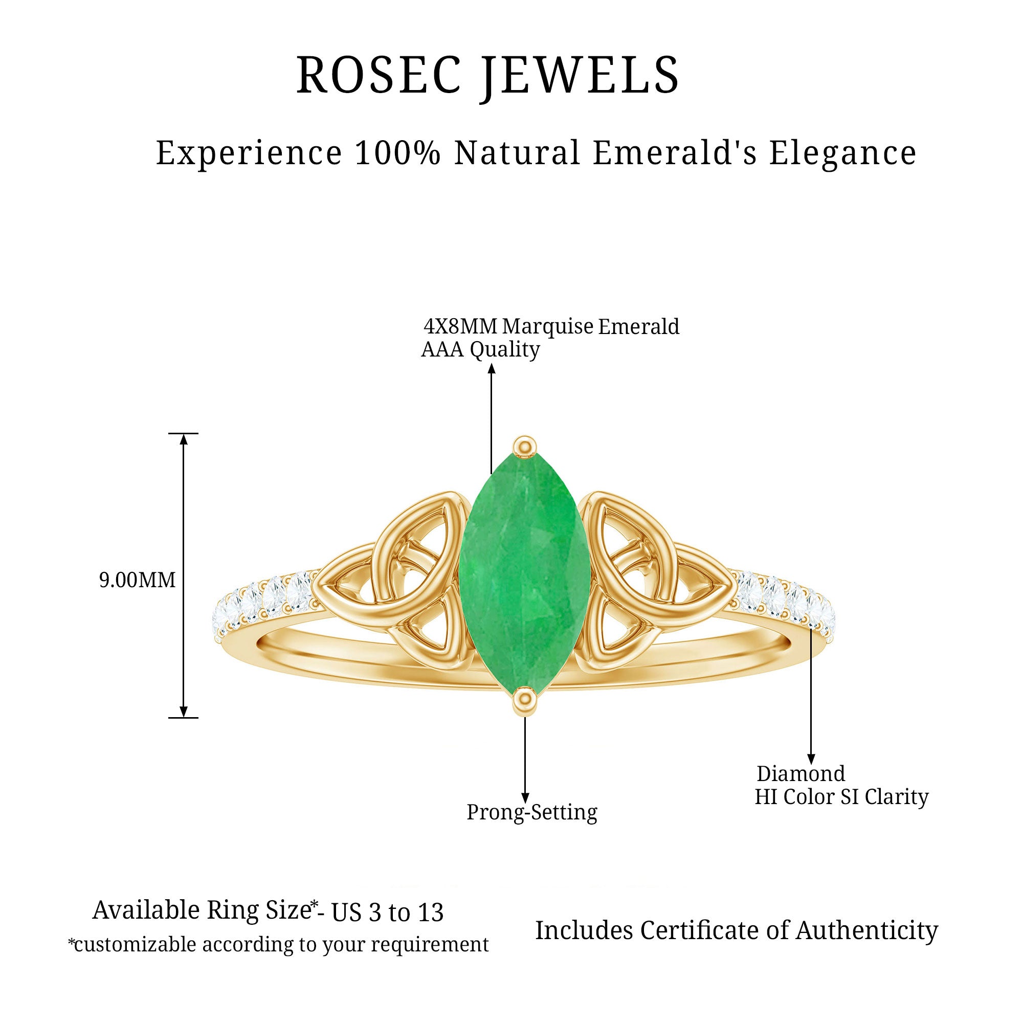 Rosec Jewels-Marquise Cut Emerald Celtic Knot Engagement Ring with Diamonds