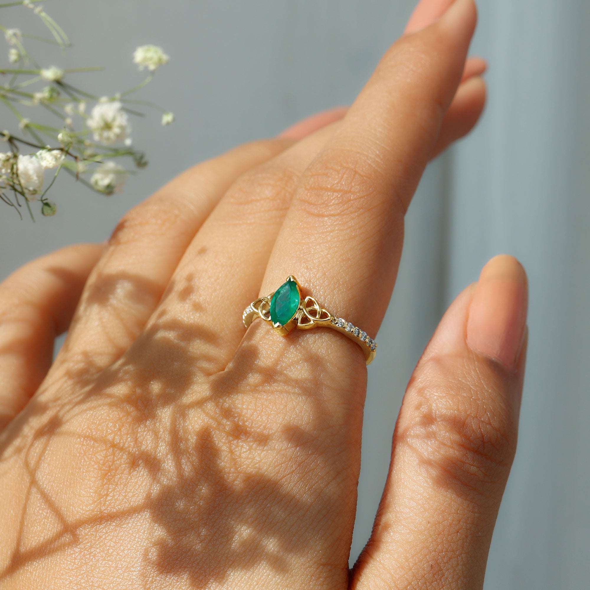 Rosec Jewels-Marquise Cut Emerald Celtic Knot Engagement Ring with Diamonds