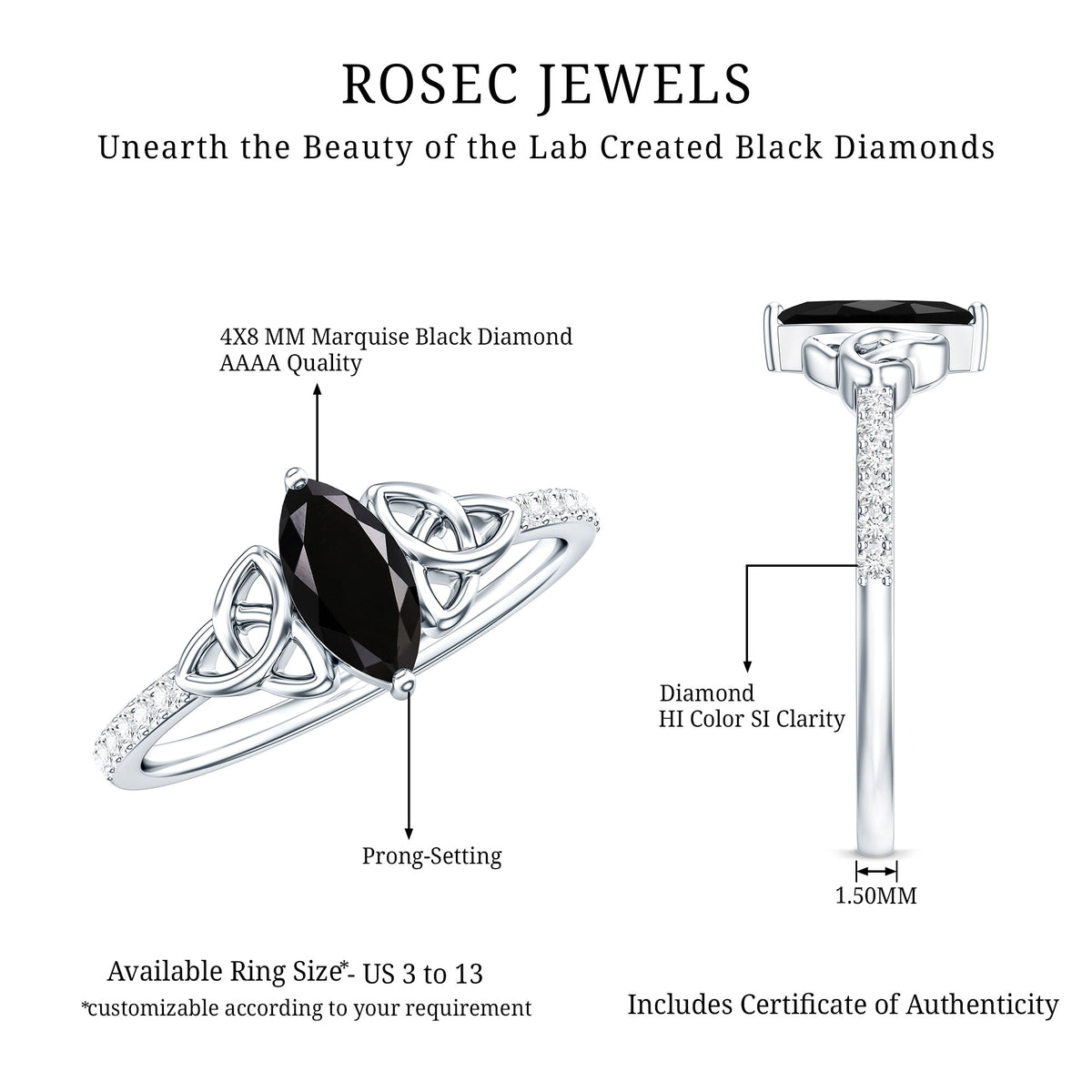 0.8 Carat Lab Grown Black and White Diamond Marquise Engagement Ring with Celtic Knot AAAA ( Synthetic ) - Rosec Jewels