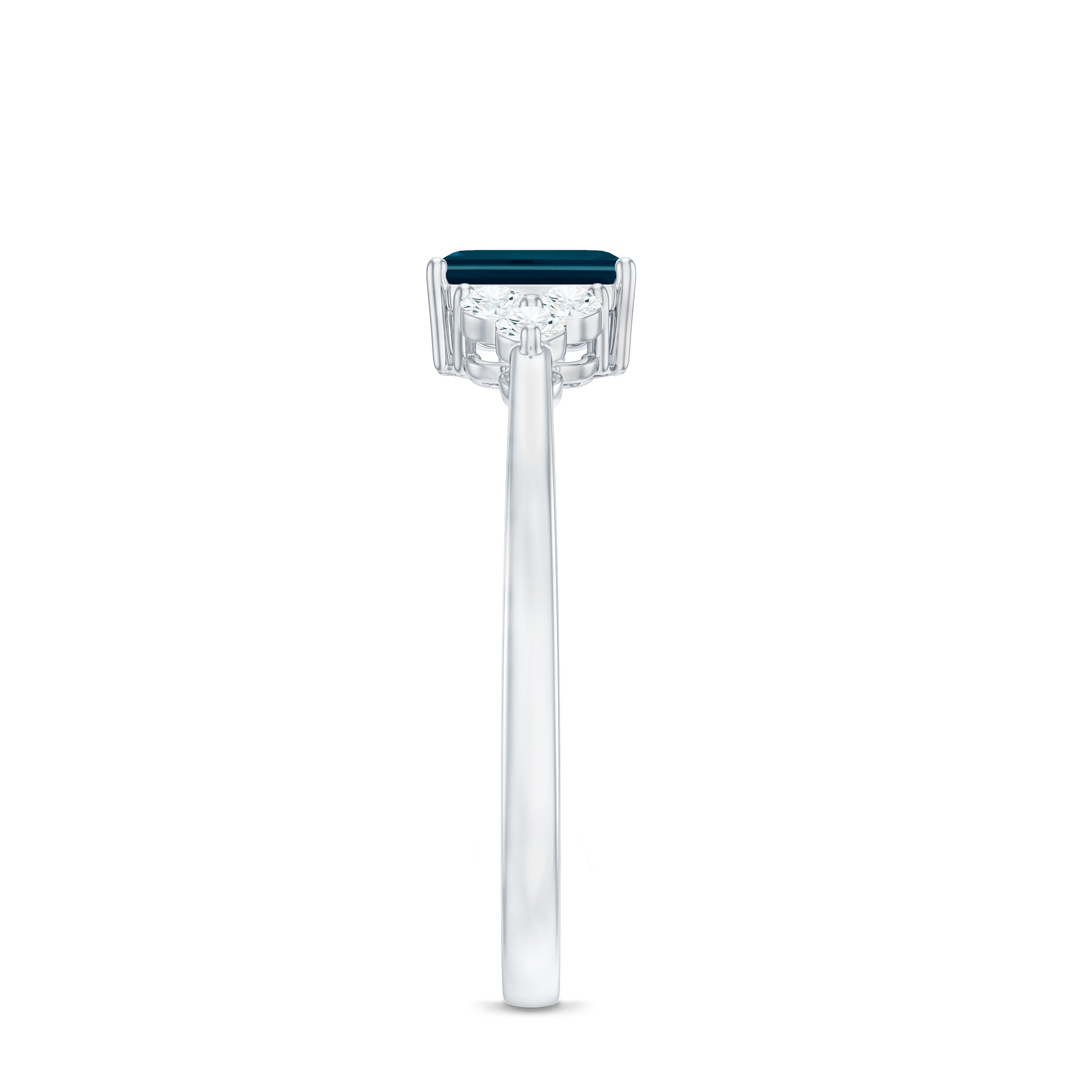 Rosec Jewels-Emerald Cut London Blue Topaz Engagement Ring with Diamond Trio
