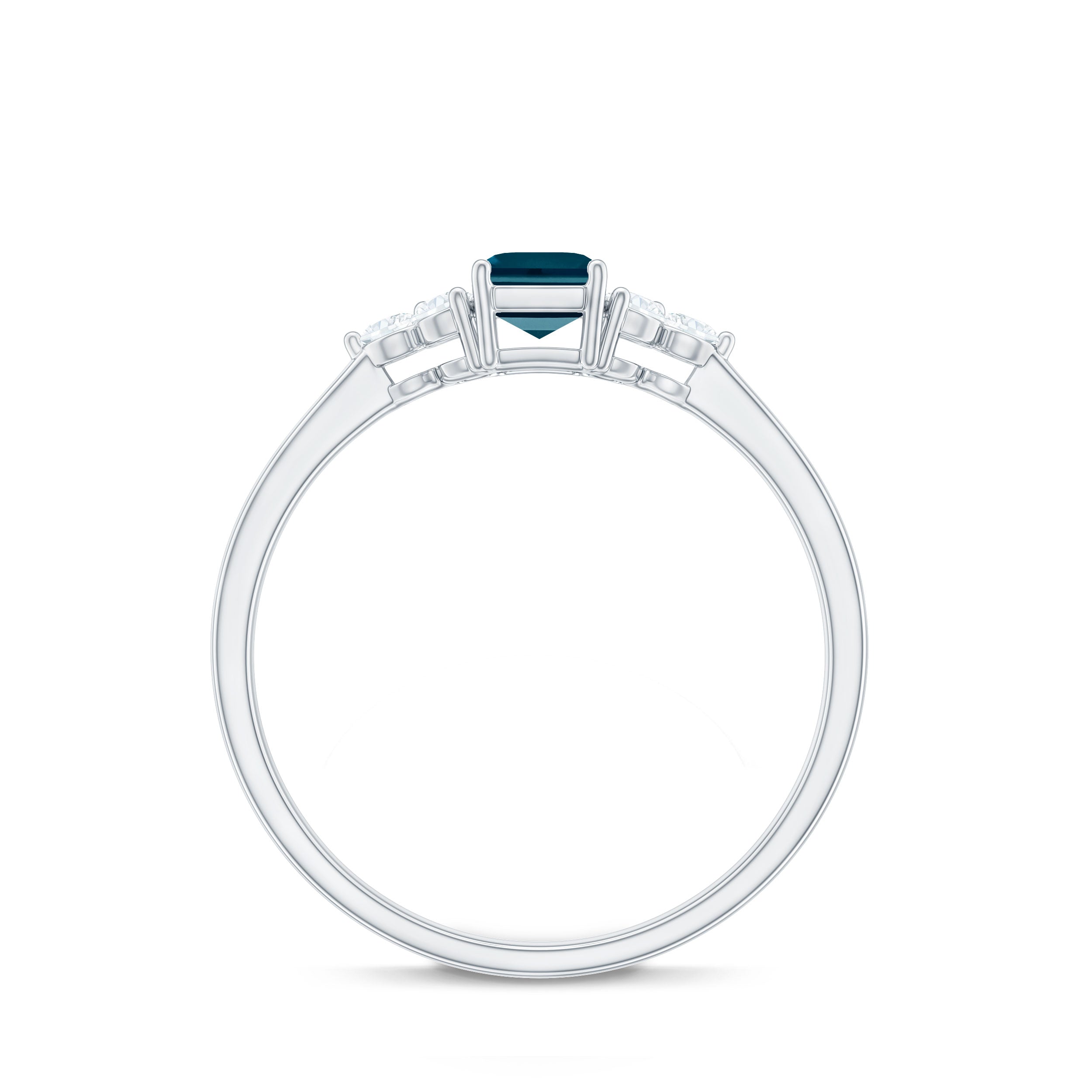 Rosec Jewels-Emerald Cut London Blue Topaz Engagement Ring with Diamond Trio