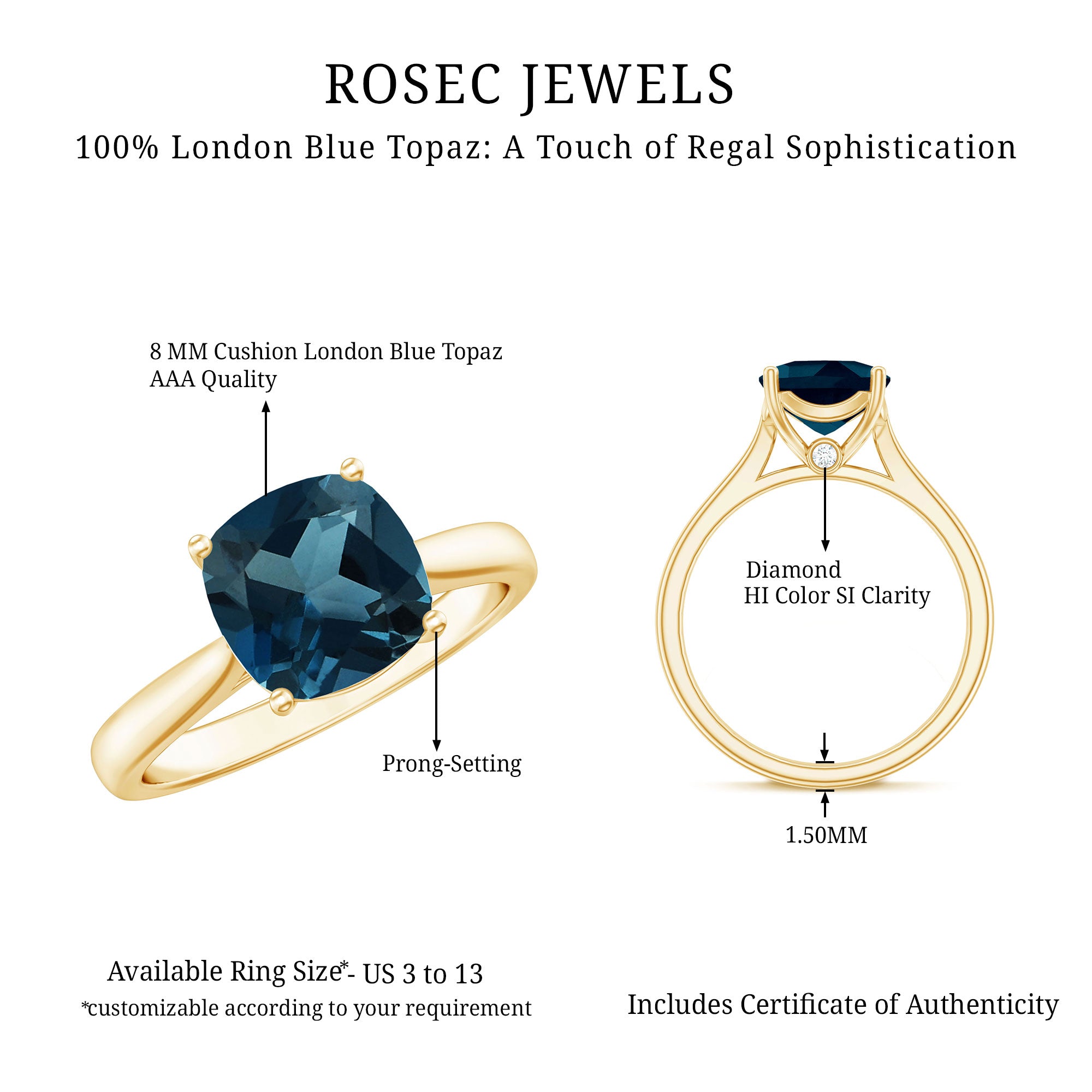Solitaire Cushion Cut London Blue Topaz Cathedral Engagement Ring AAA - Rosec Jewels