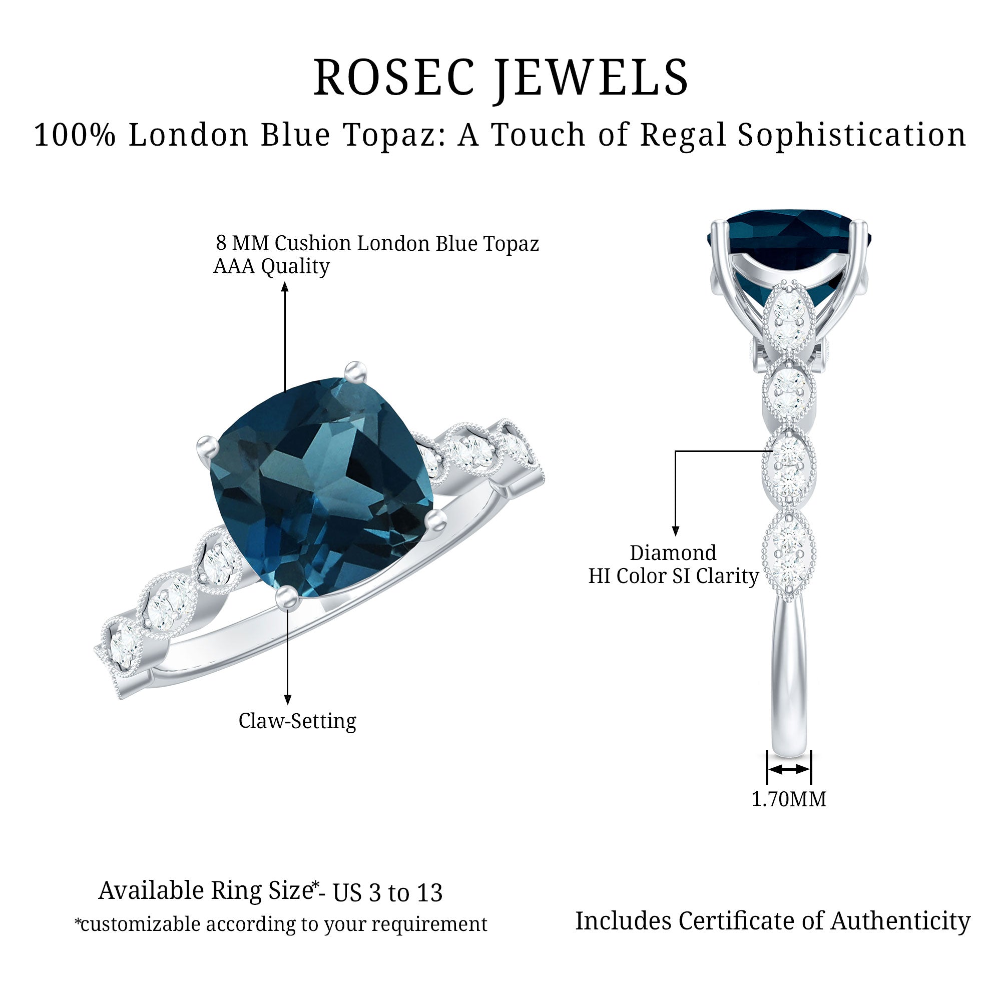 Cushion Cut London Blue Topaz Vintage Engagement Ring with Diamonds AAA - Rosec Jewels