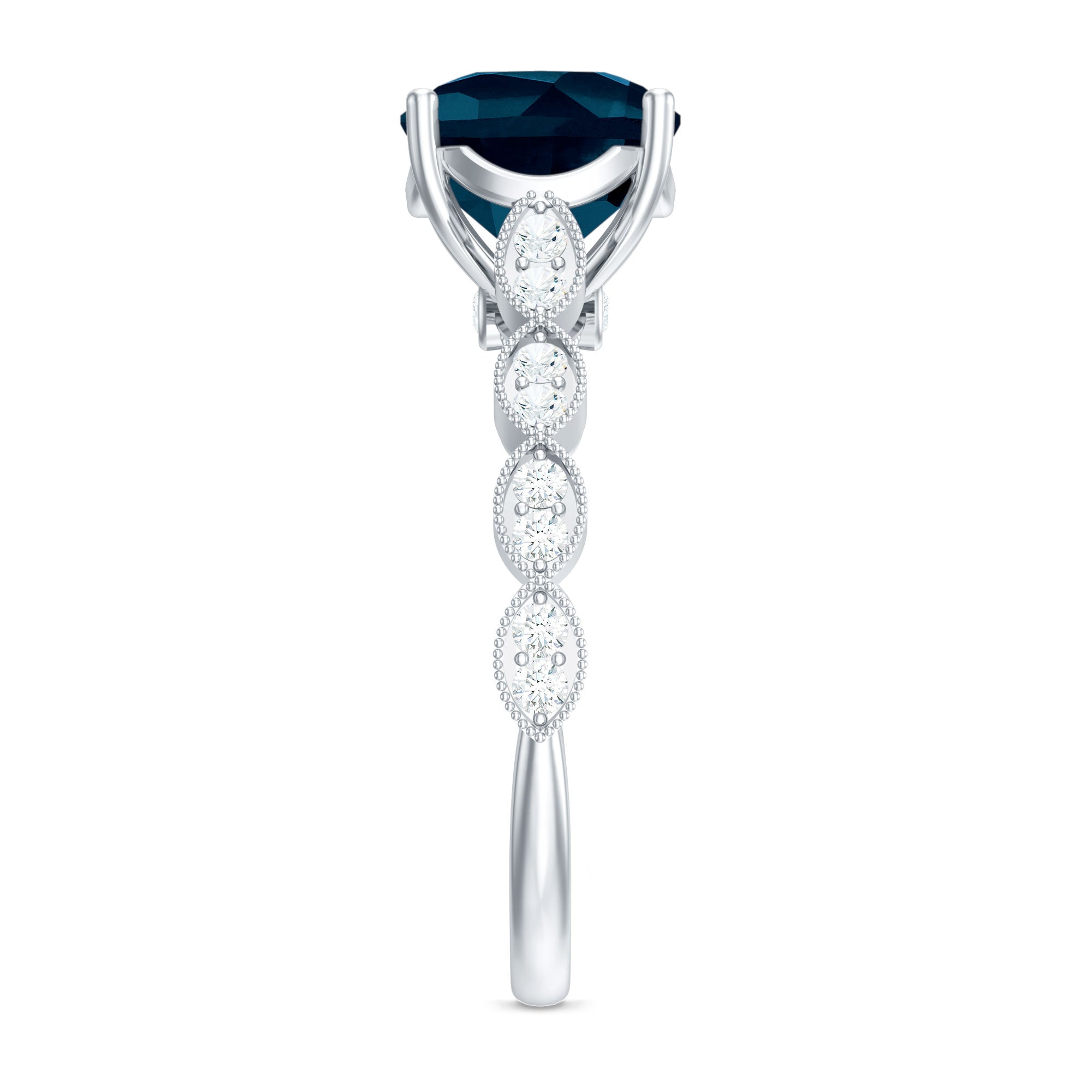 Cushion Cut London Blue Topaz Vintage Engagement Ring with Diamonds AAA - Rosec Jewels