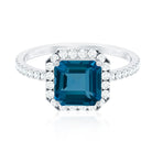 8mm Asscher Cut London Blue Topaz Vintage Engagement Ring with Diamond Halo AAA - Rosec Jewels