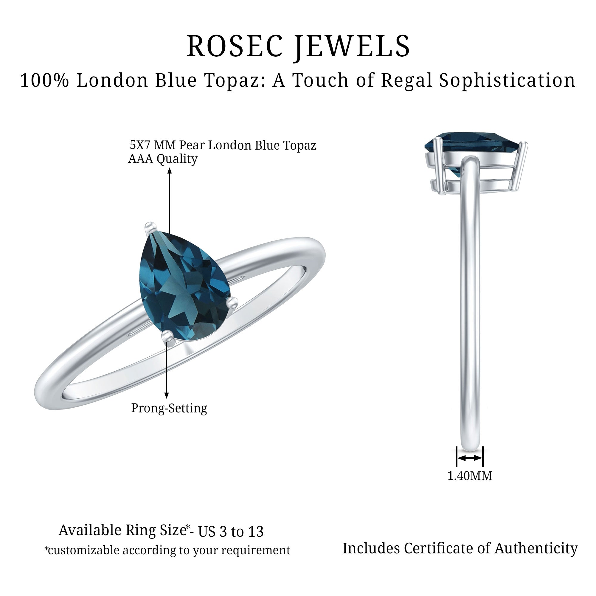 5X7MM Pear Shaped London Blue Topaz Solitaire Ring AAA - Rosec Jewels