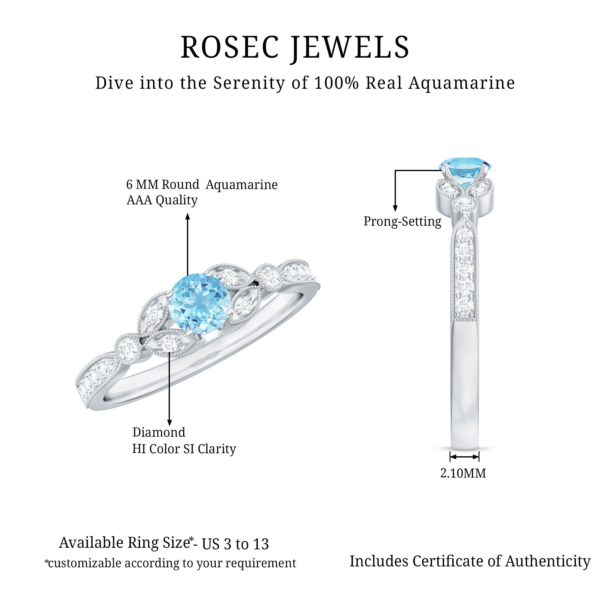 Rosec Jewels-Natural Aquamarine Diamond Engagement Ring With Certificate