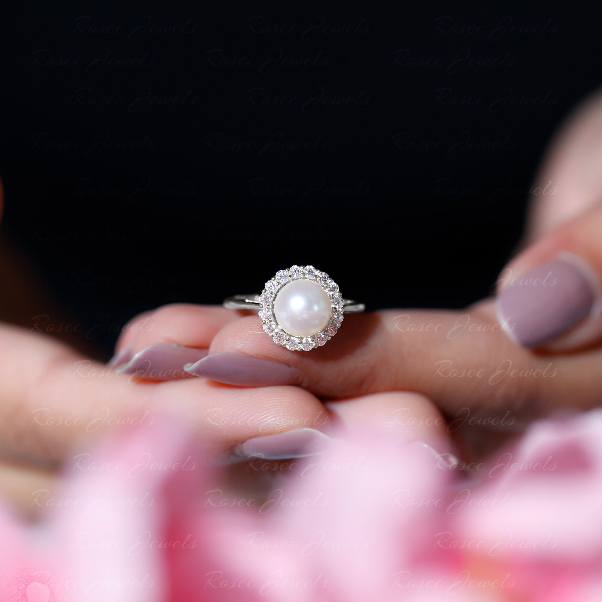 Rosec Jewels-Real 7.4 Carat Freshwater Pearl Engagement Ring with Diamond Halo