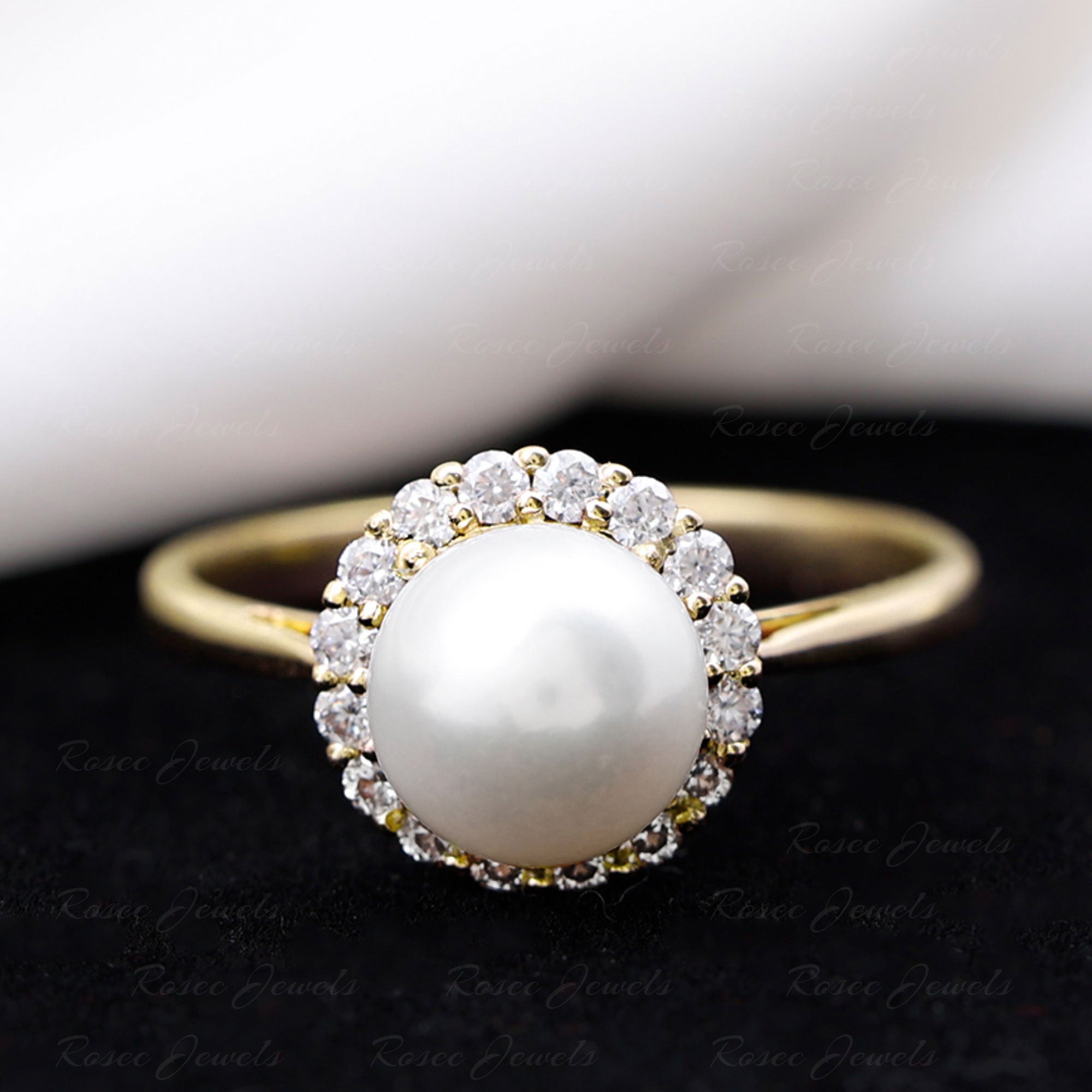 Rosec Jewels-Real 7.4 Carat Freshwater Pearl Engagement Ring with Diamond Halo