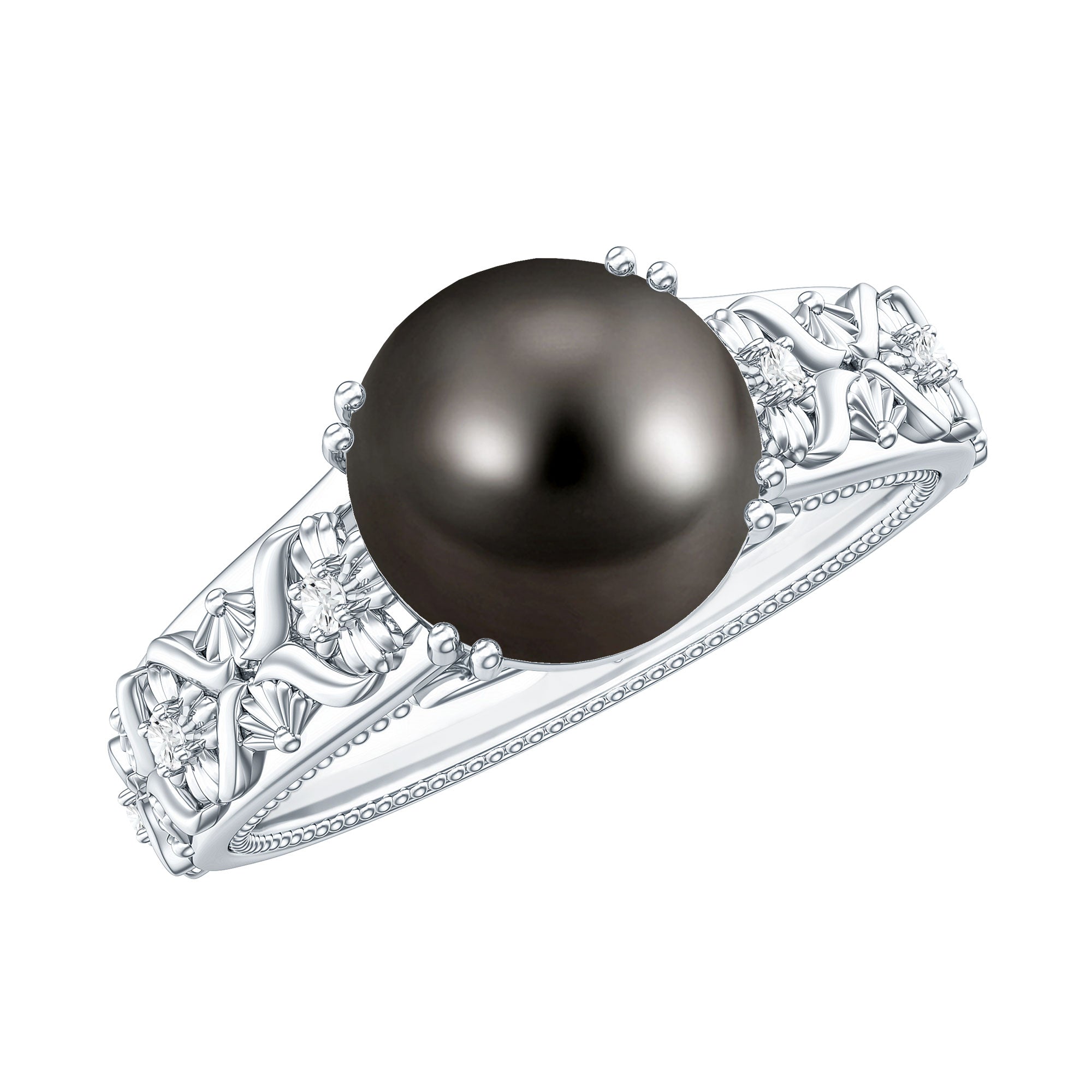 Vintage Tahitian Pearl Solitaire Engagement Ring with Diamond AAA - Rosec Jewels
