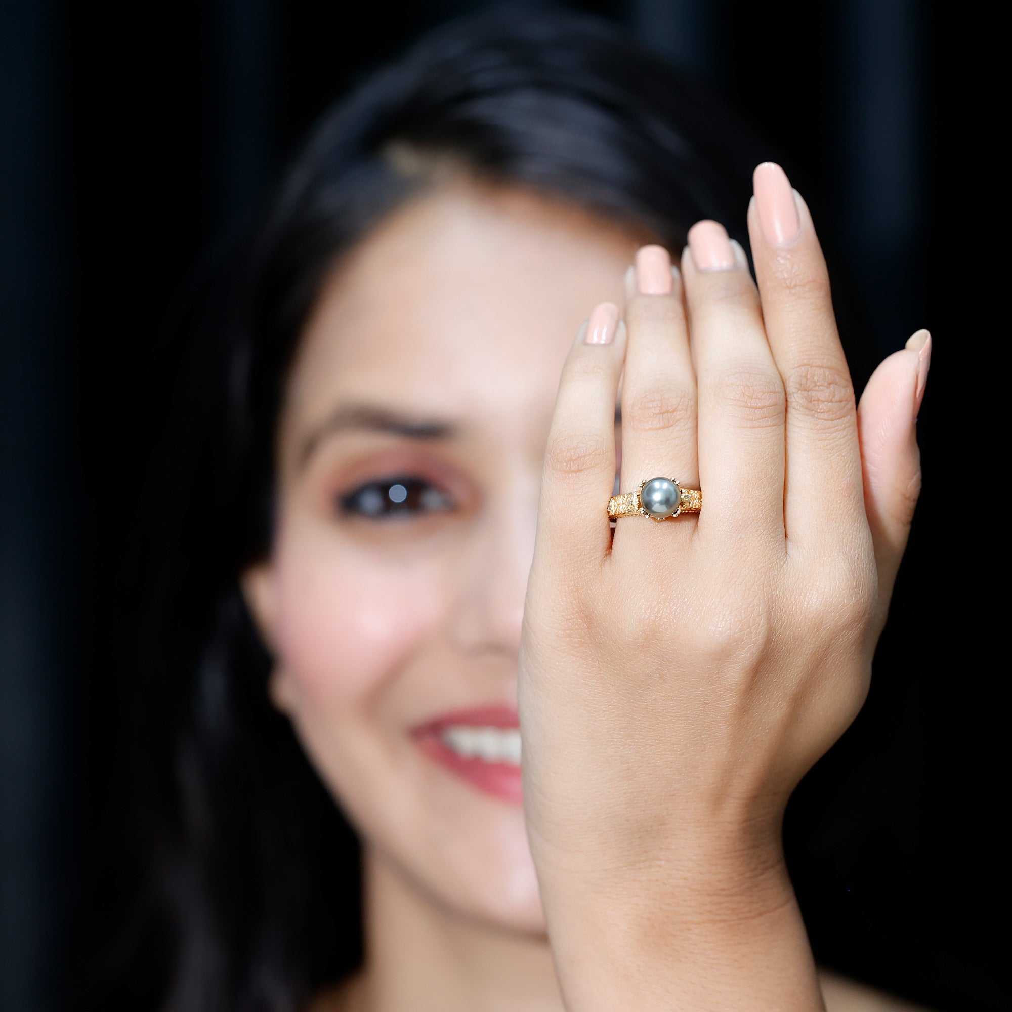 Rosec Jewels-Vintage Tahitian Pearl Solitaire Engagement Ring with Diamond