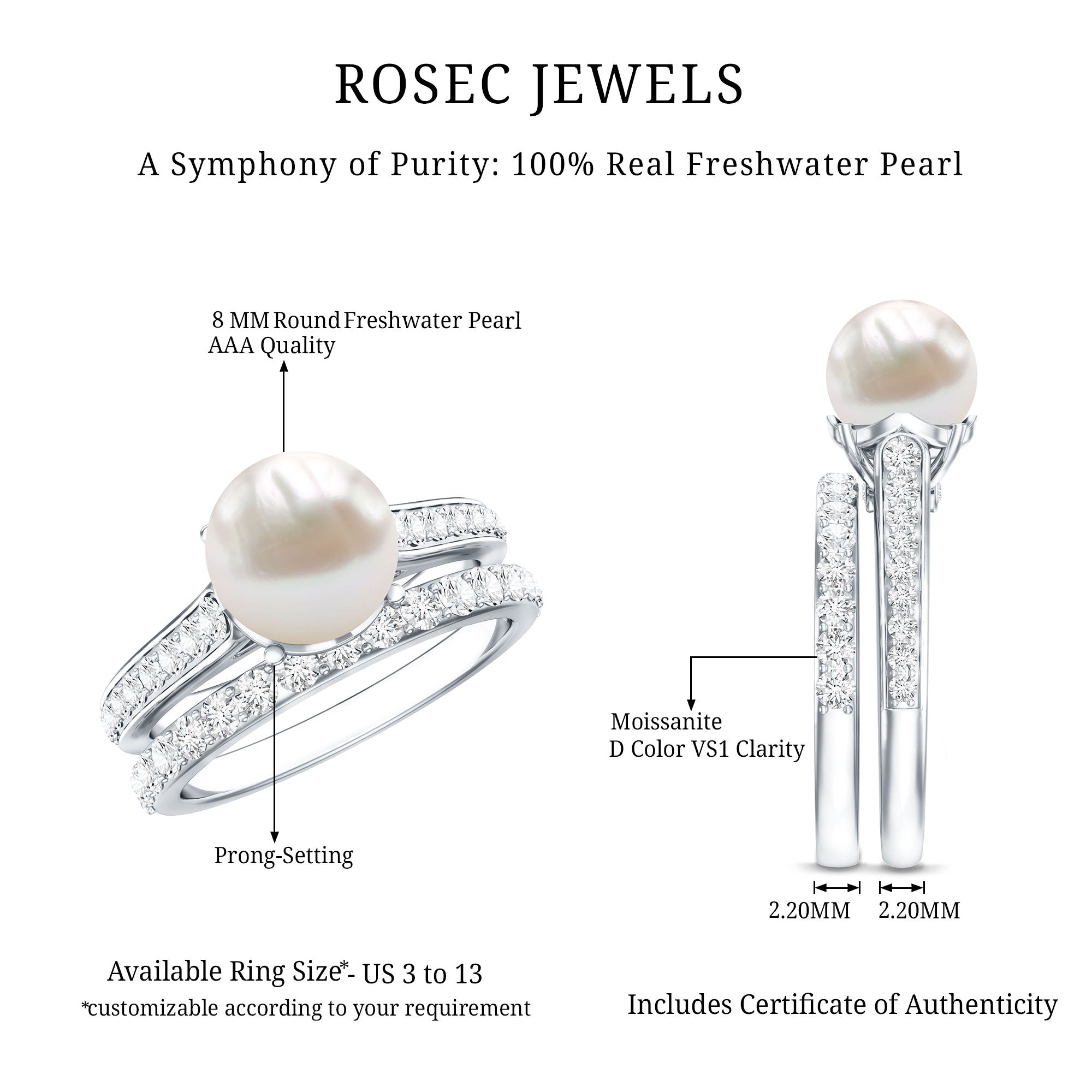 Rosec Jewels-Natural White Pearl Wedding Bridal Ring Set with Moissanite