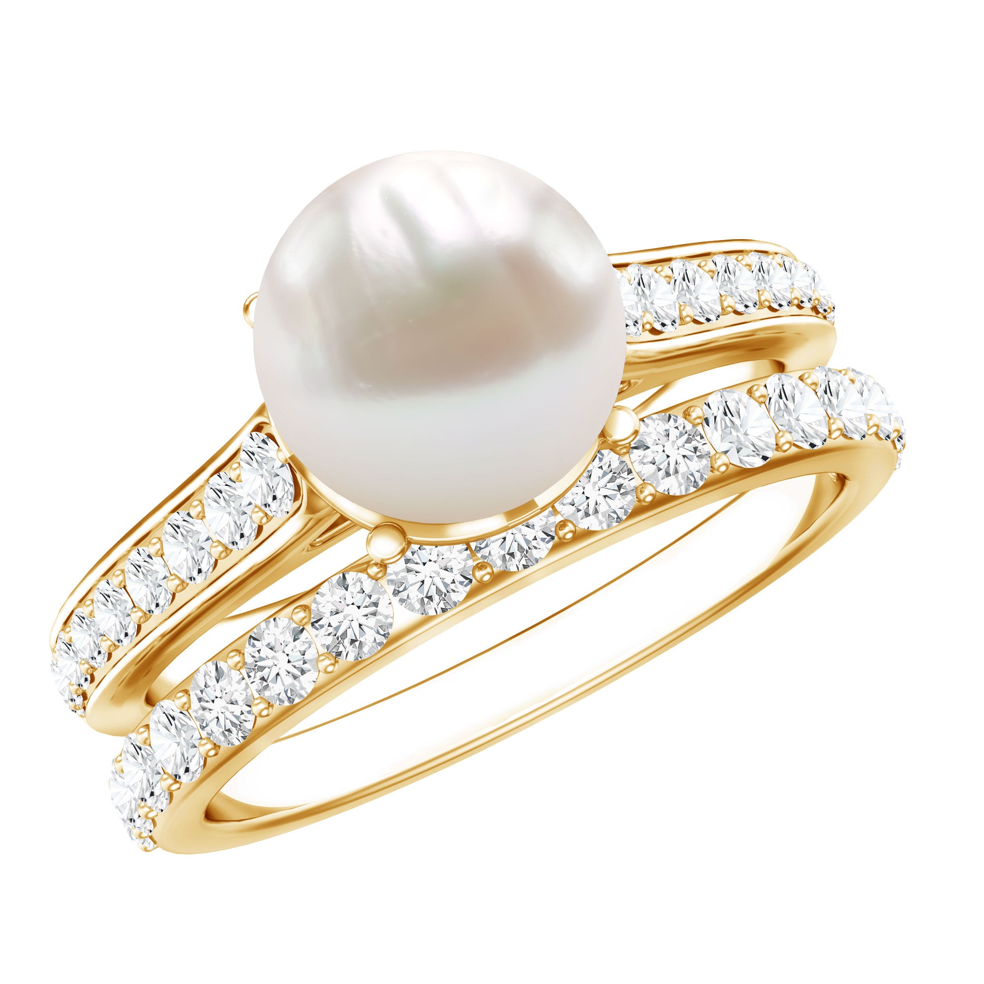 Rosec Jewels-Natural White Pearl Wedding Bridal Ring Set with Moissanite