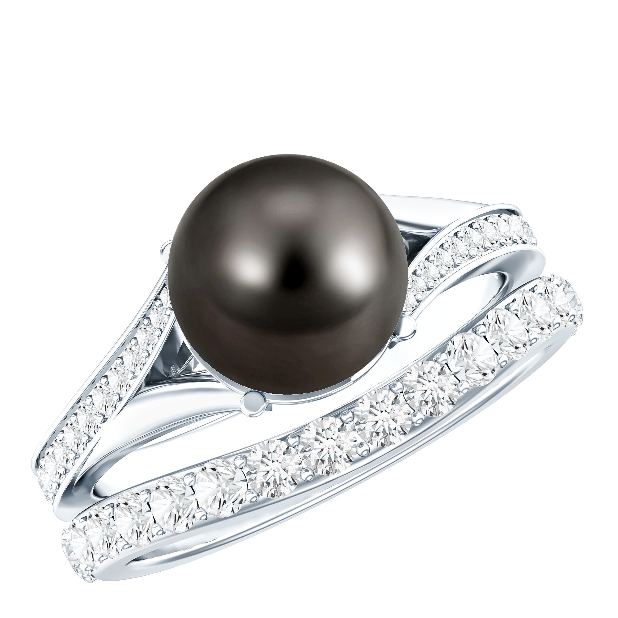 Rosec Jewels-Designer Tahitian Black Pearl Wedding Ring Set with Moissanite