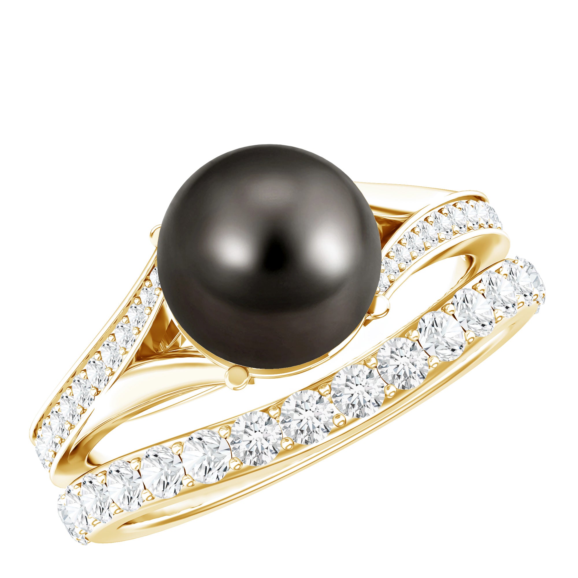 Rosec Jewels-Designer Tahitian Black Pearl Wedding Ring Set with Moissanite