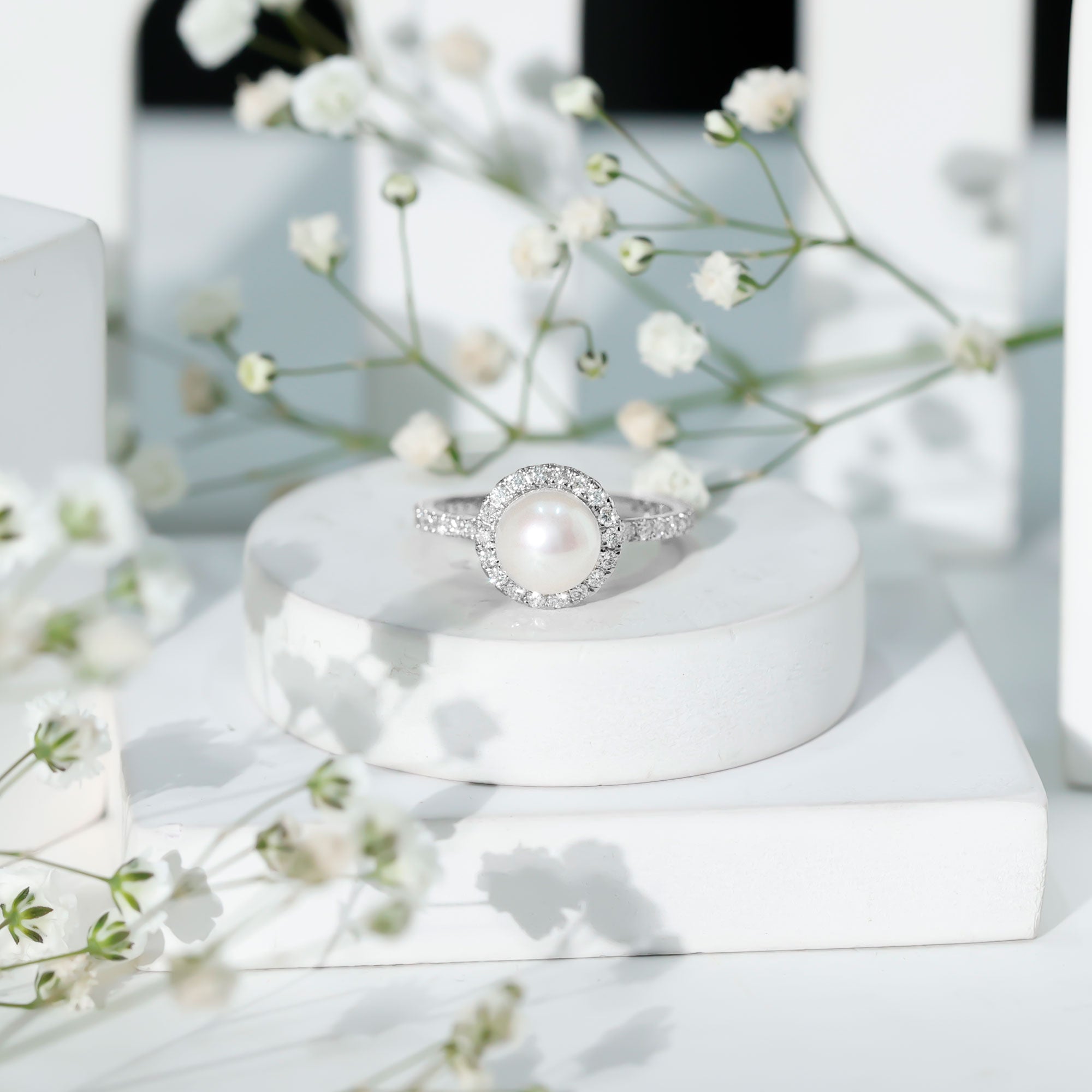 Cultured 7.4 Carat Freshwater Pearl Diamond Engagement Ring with Halo AAA - Rosec Jewels