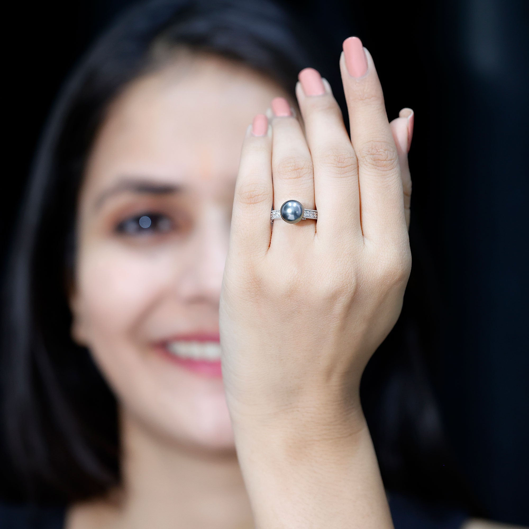 Natural Tahitian Pearl Cathedral Engagement Ring with Diamond Side Stones AAA - Rosec Jewels