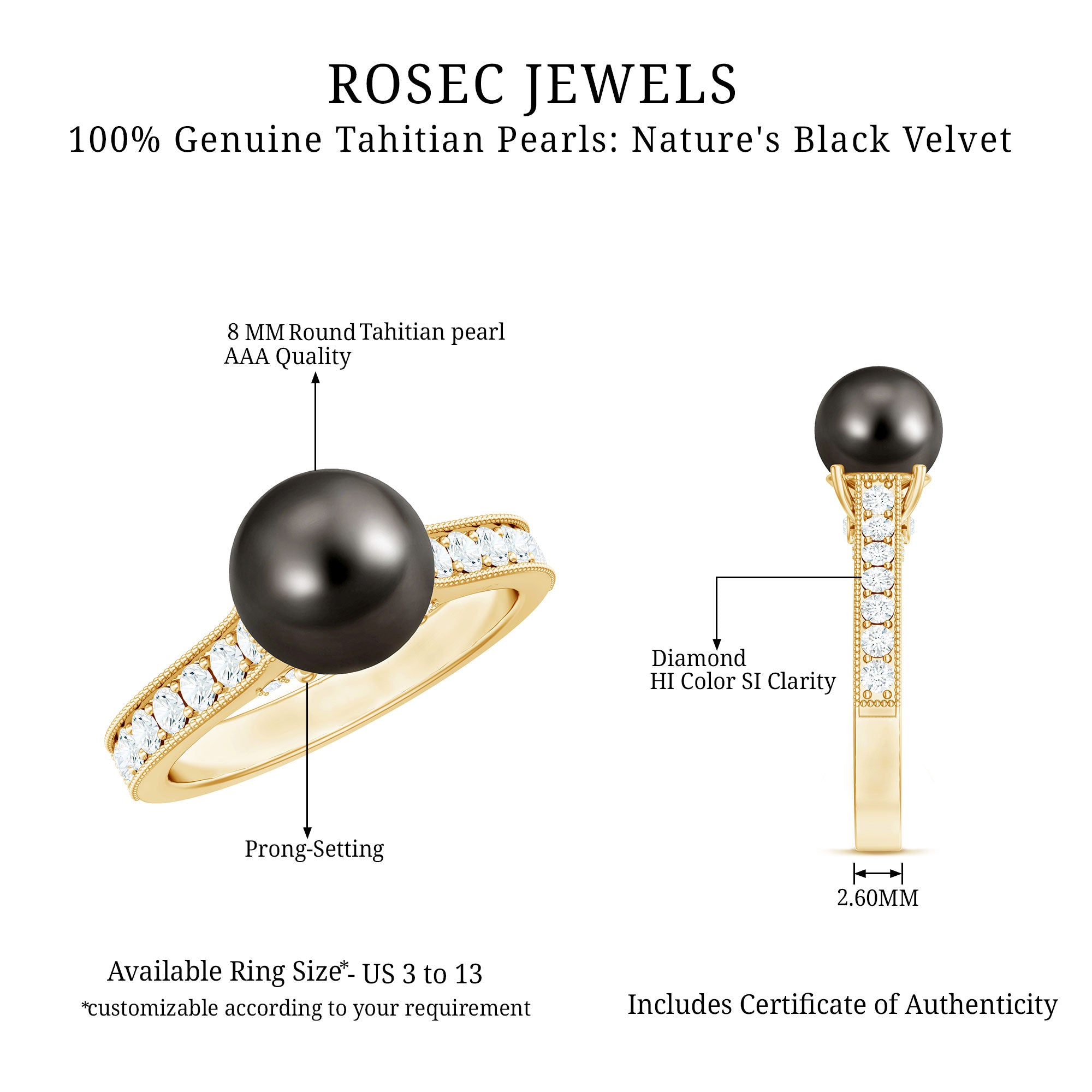 Natural Tahitian Pearl Cathedral Engagement Ring with Diamond Side Stones AAA - Rosec Jewels