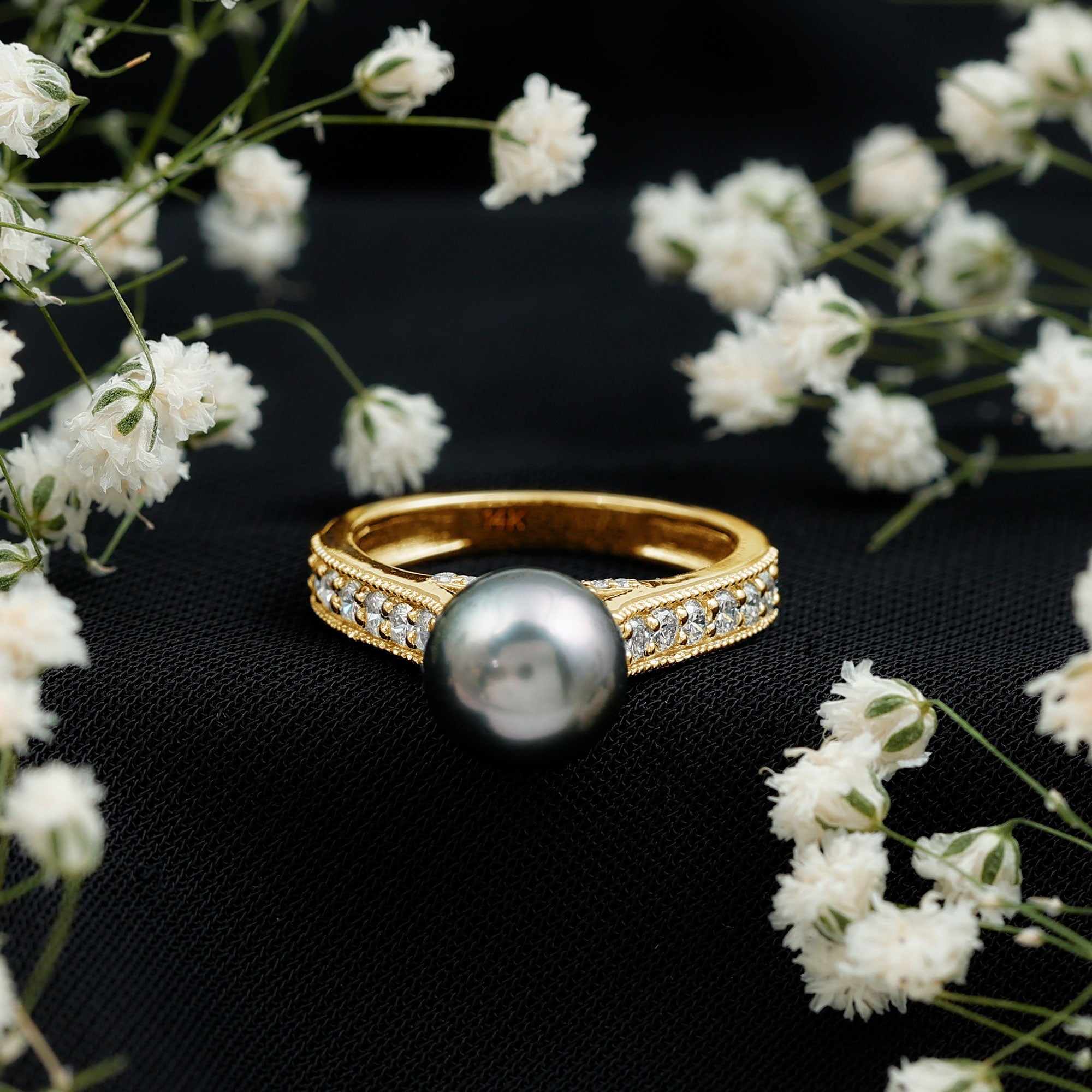 Natural Tahitian Pearl Cathedral Engagement Ring with Diamond Side Stones AAA - Rosec Jewels