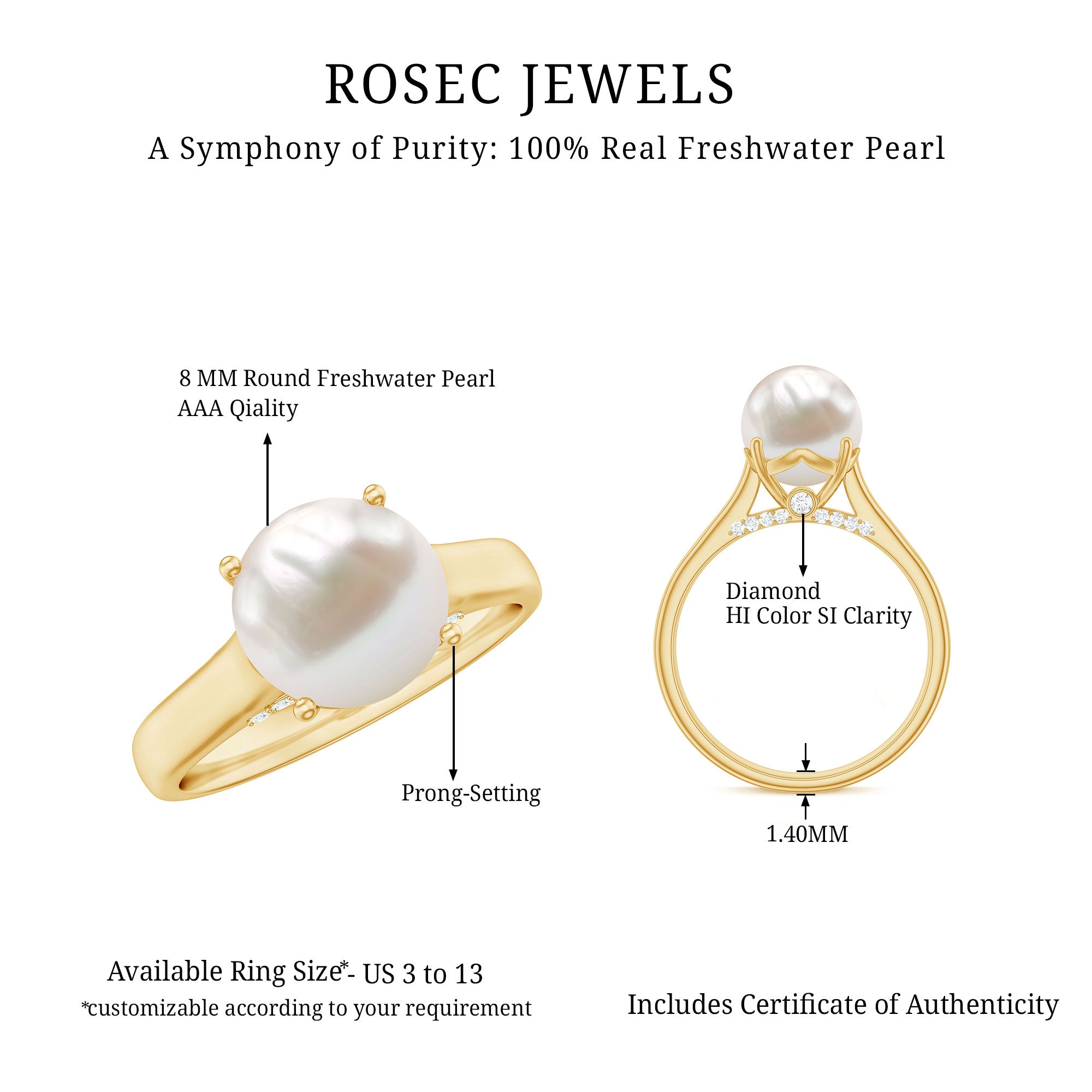 Rosec Jewels-Freshwater Pearl Solitaire with Diamond Ring