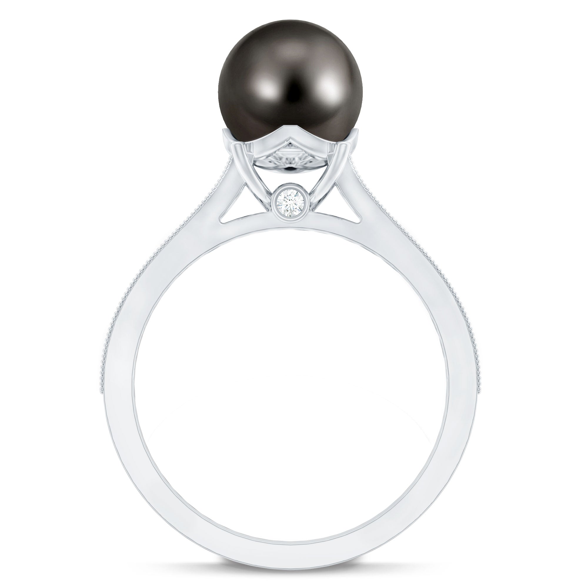 8 CT Tahitian Black Pearl Cathedral Engagement Ring with Diamonds AAA - Rosec Jewels