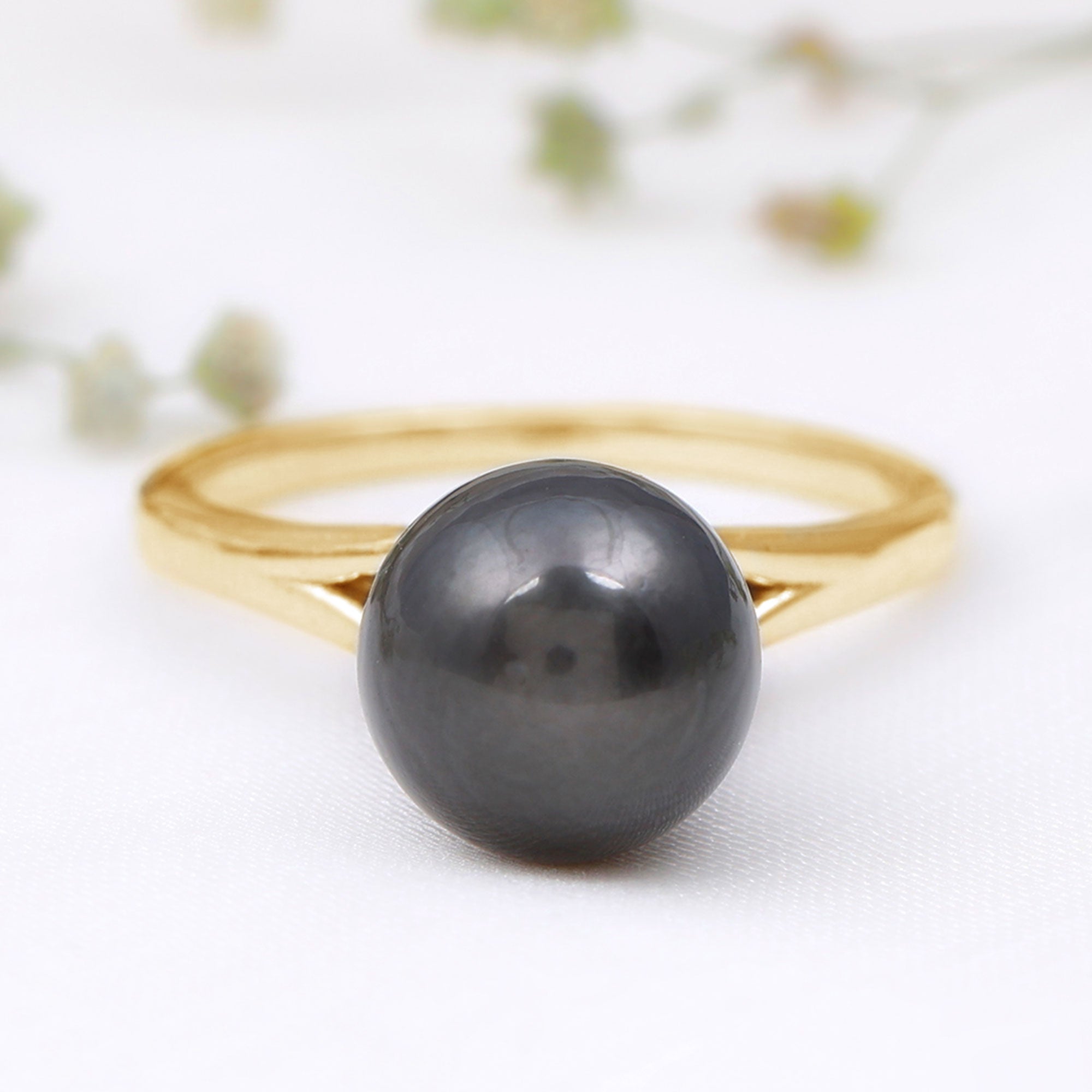 Rosec Jewels-Genuine 8 Carat Tahitian Black Pearl Cathedral Engagement Ring with Split Shank