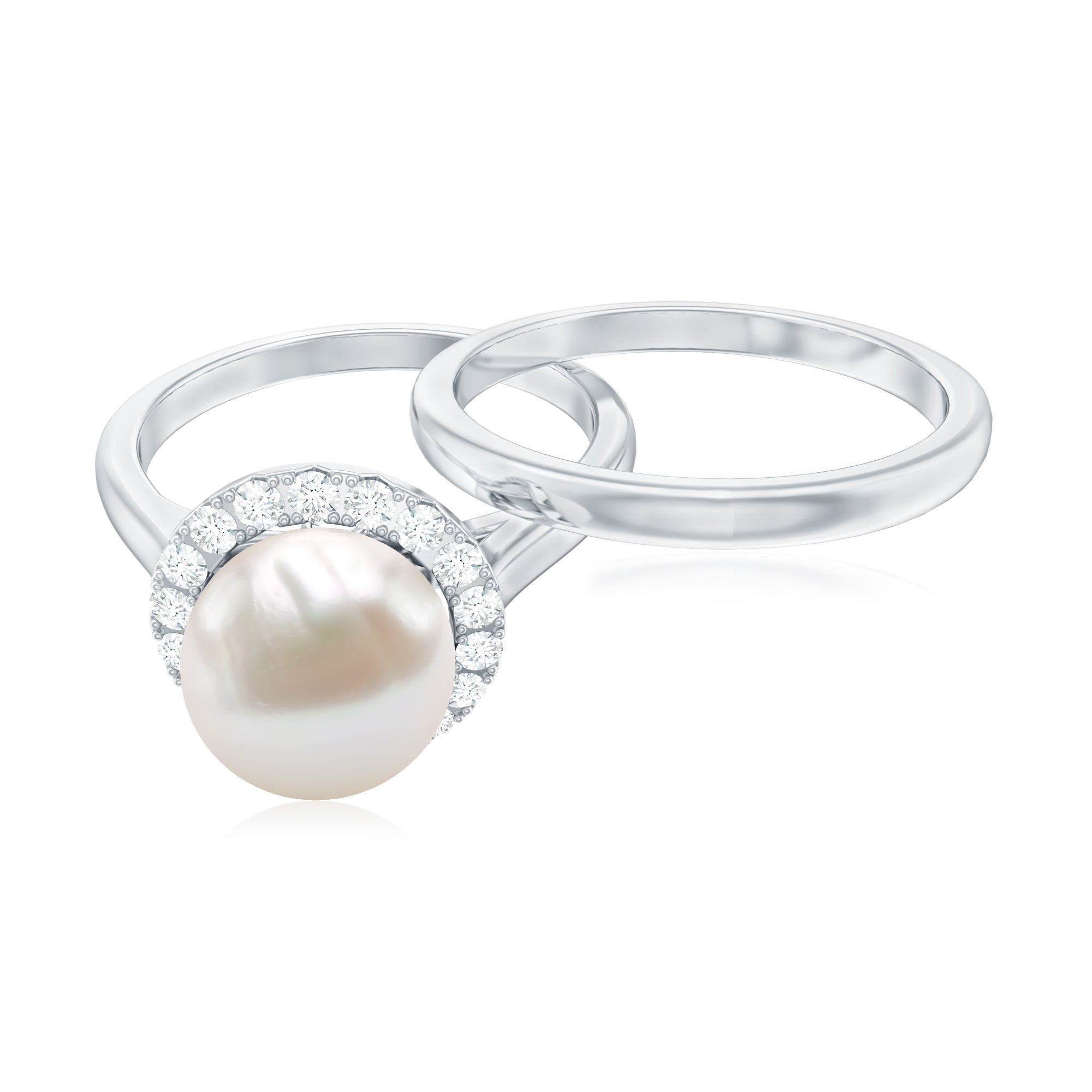 Real 7.4 Carat Freshwater Pearl Diamond Wedding Bridal Ring Set for Women AAA - Rosec Jewels