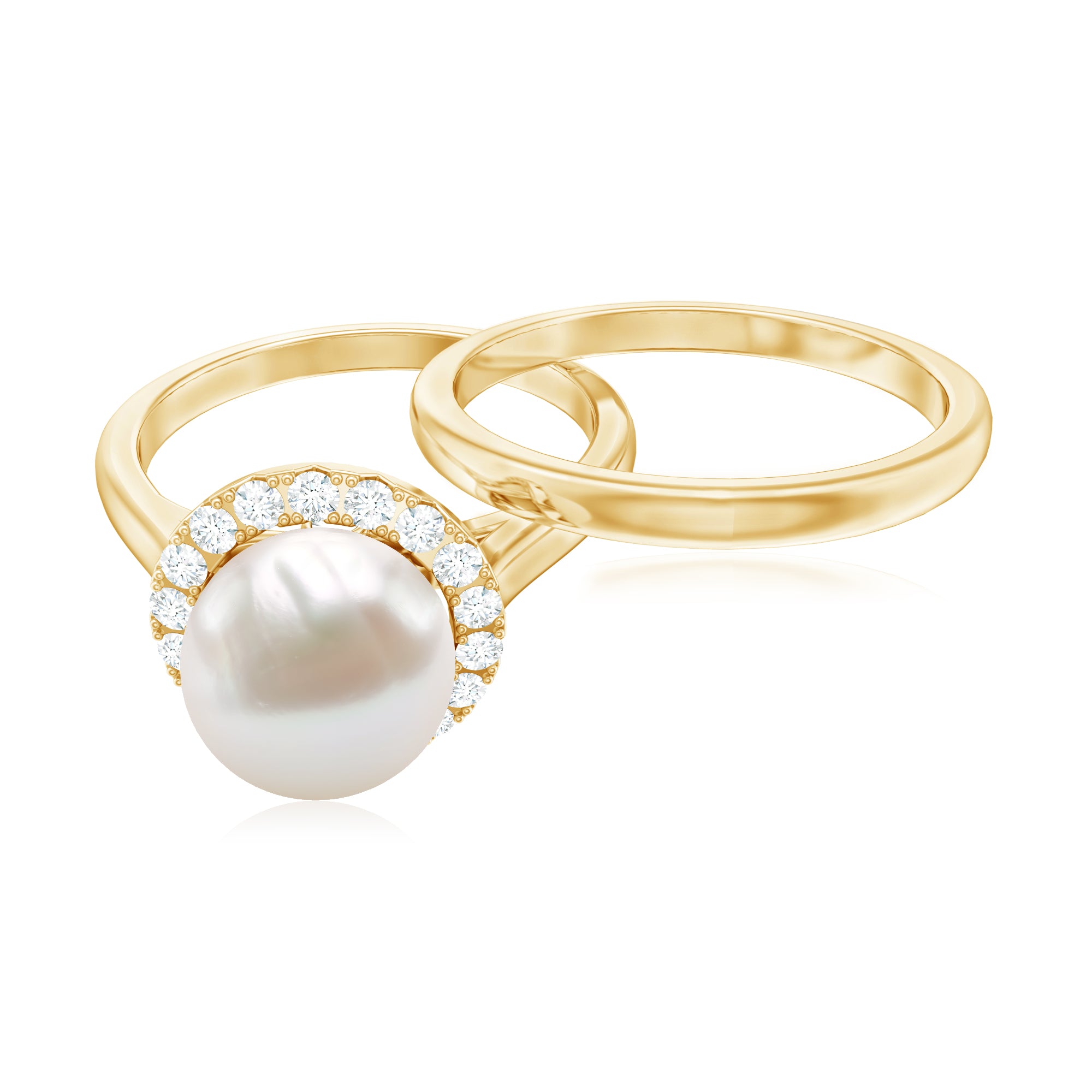 Real 7.4 Carat Freshwater Pearl Diamond Wedding Bridal Ring Set for Women AAA - Rosec Jewels