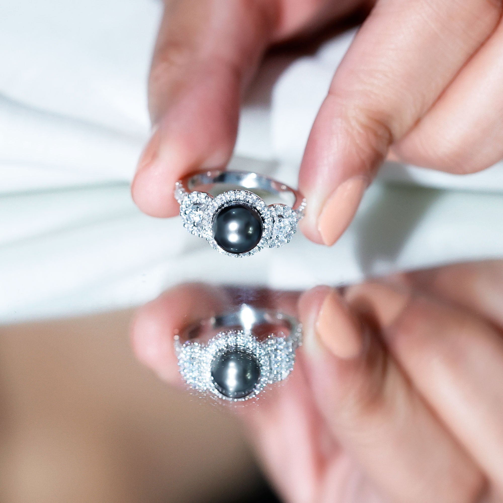 Rosec Jewels-7.5 Carat Round Black Pearl Engagement Ring with Moissanite Accent