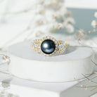 Rosec Jewels-7.5 Carat Round Black Pearl Engagement Ring with Moissanite Accent