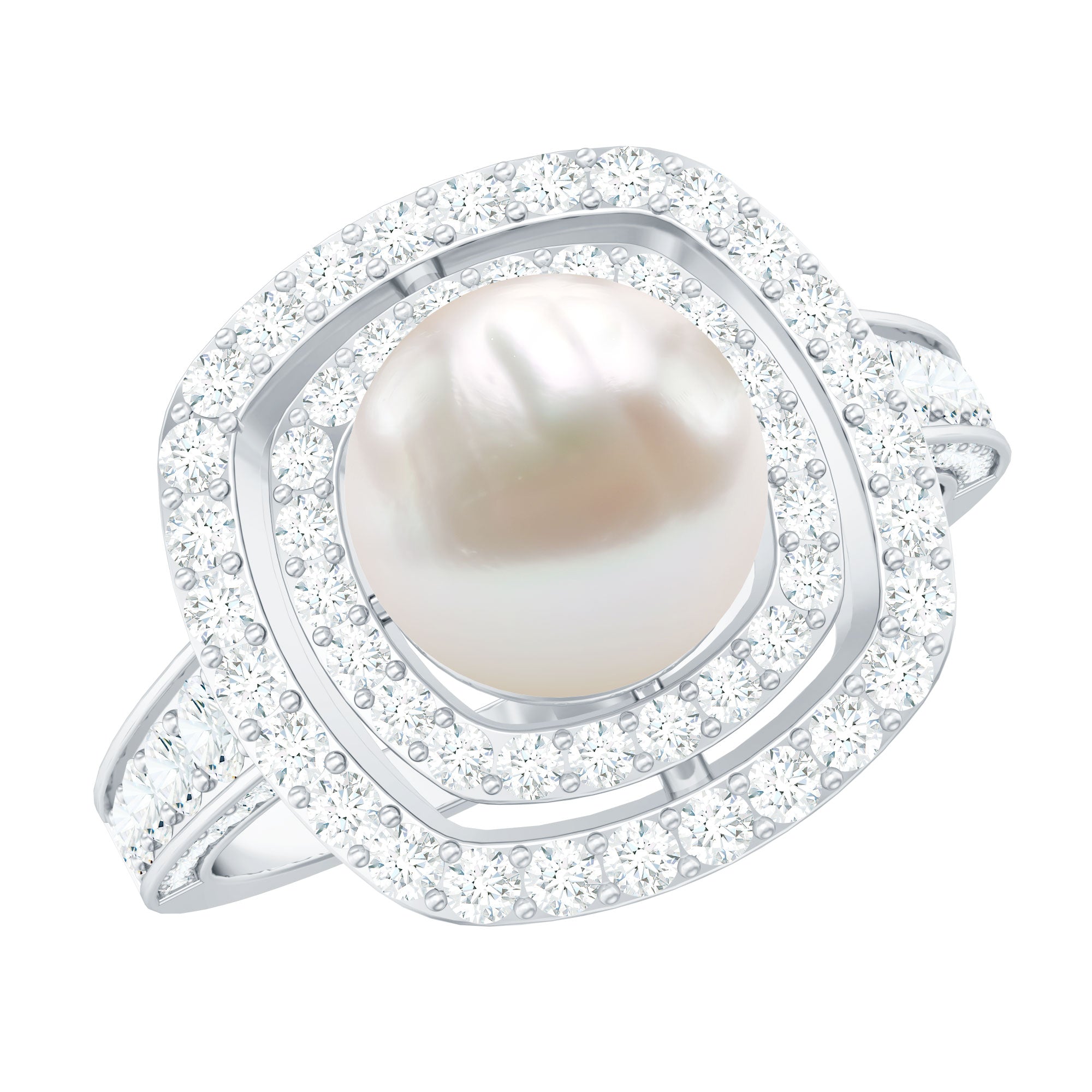 7.4 Carat Freshwater Pearl Double Halo Engagement Ring with Moissanite AAA - Rosec Jewels