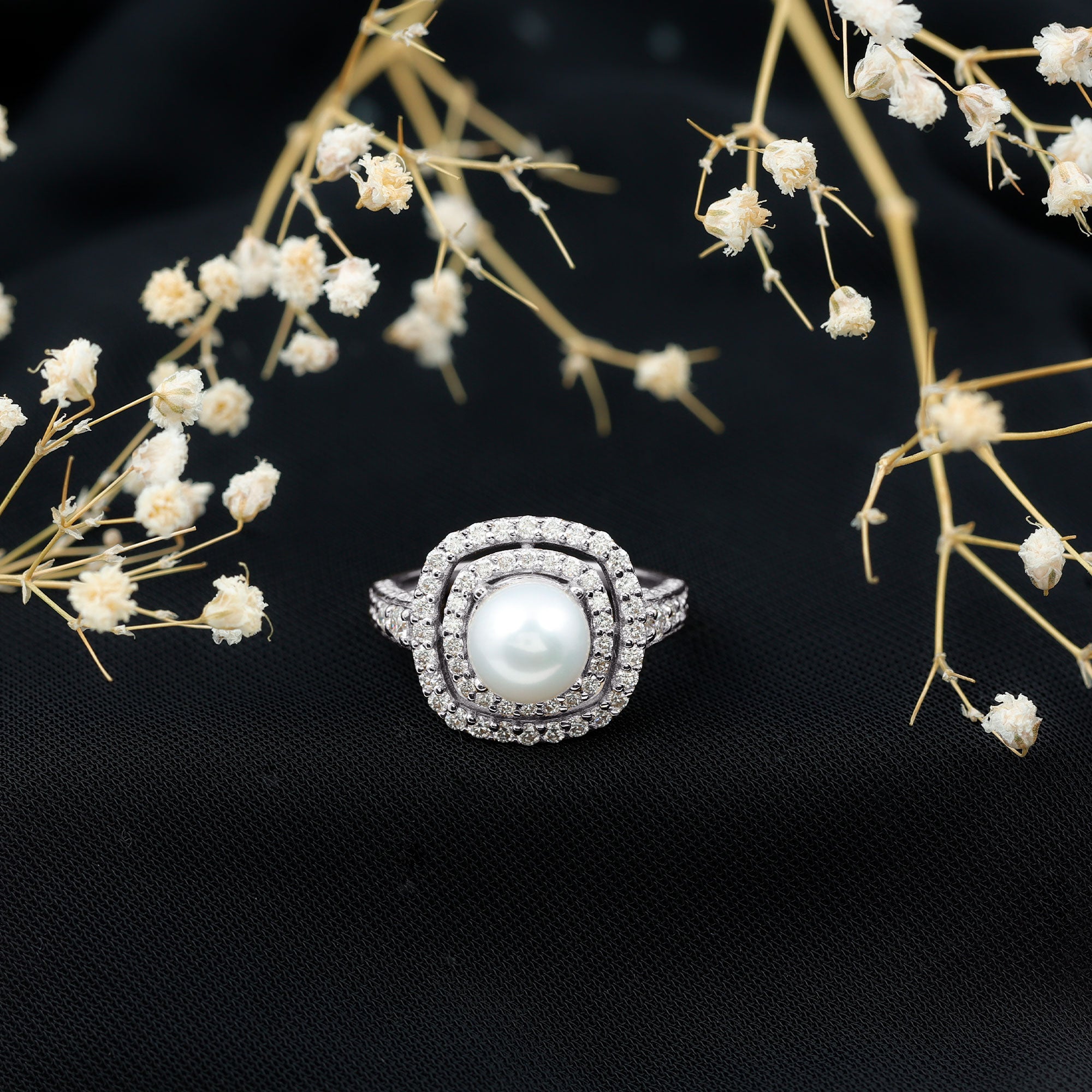 7.4 Carat Freshwater Pearl Double Halo Engagement Ring with Moissanite AAA - Rosec Jewels