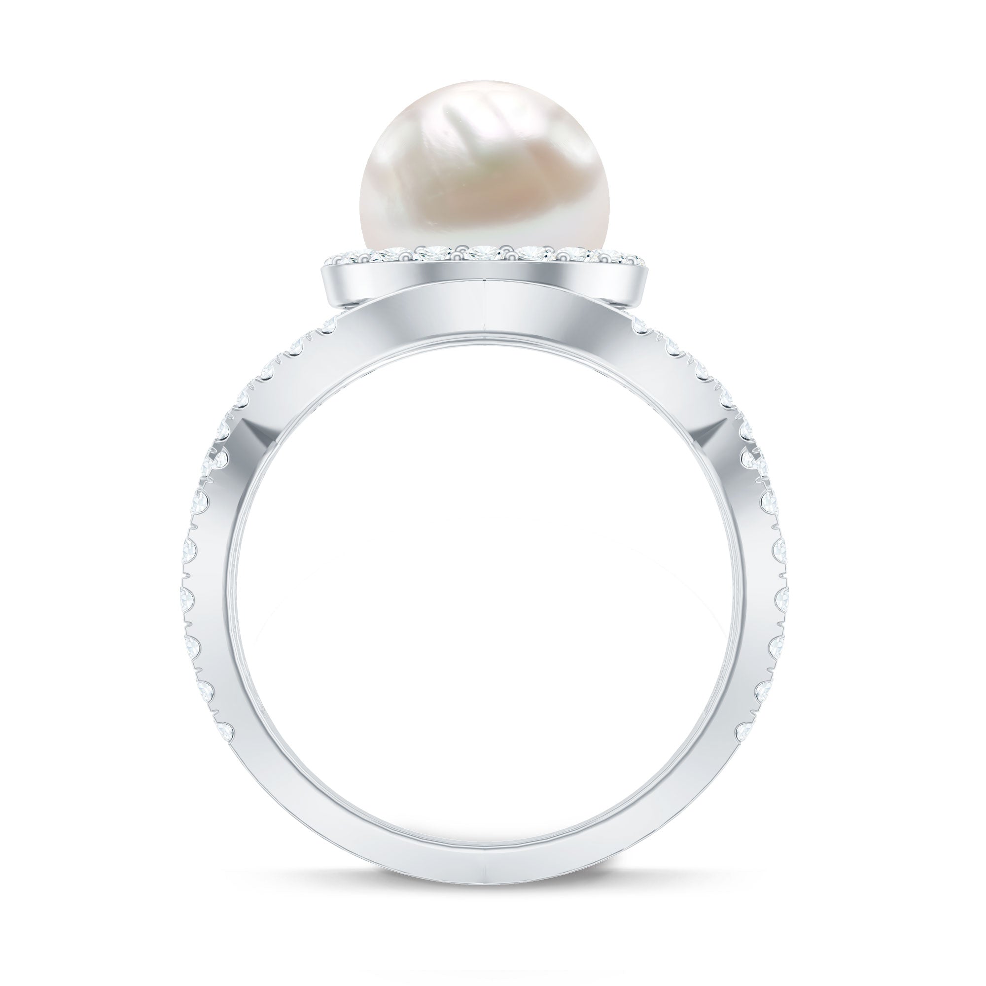 7.4 Carat Freshwater Pearl Engagement Ring with Moissanite Crossover Shank AAA - Rosec Jewels