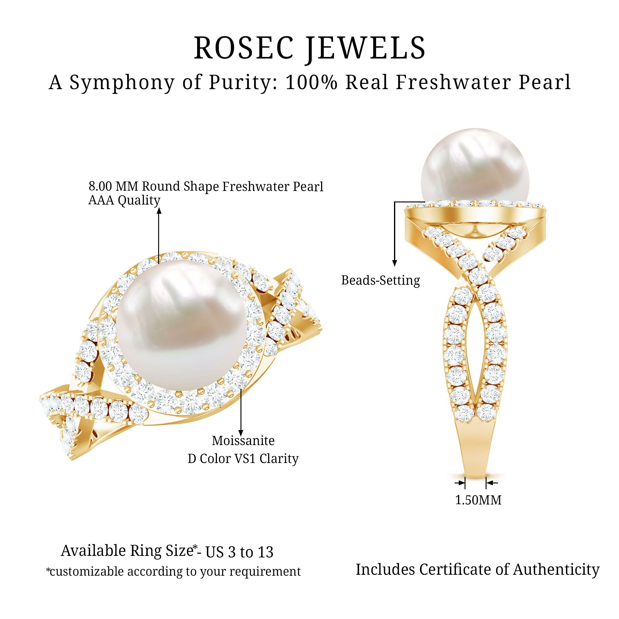 7.4 Carat Freshwater Pearl Engagement Ring with Moissanite Crossover Shank AAA - Rosec Jewels