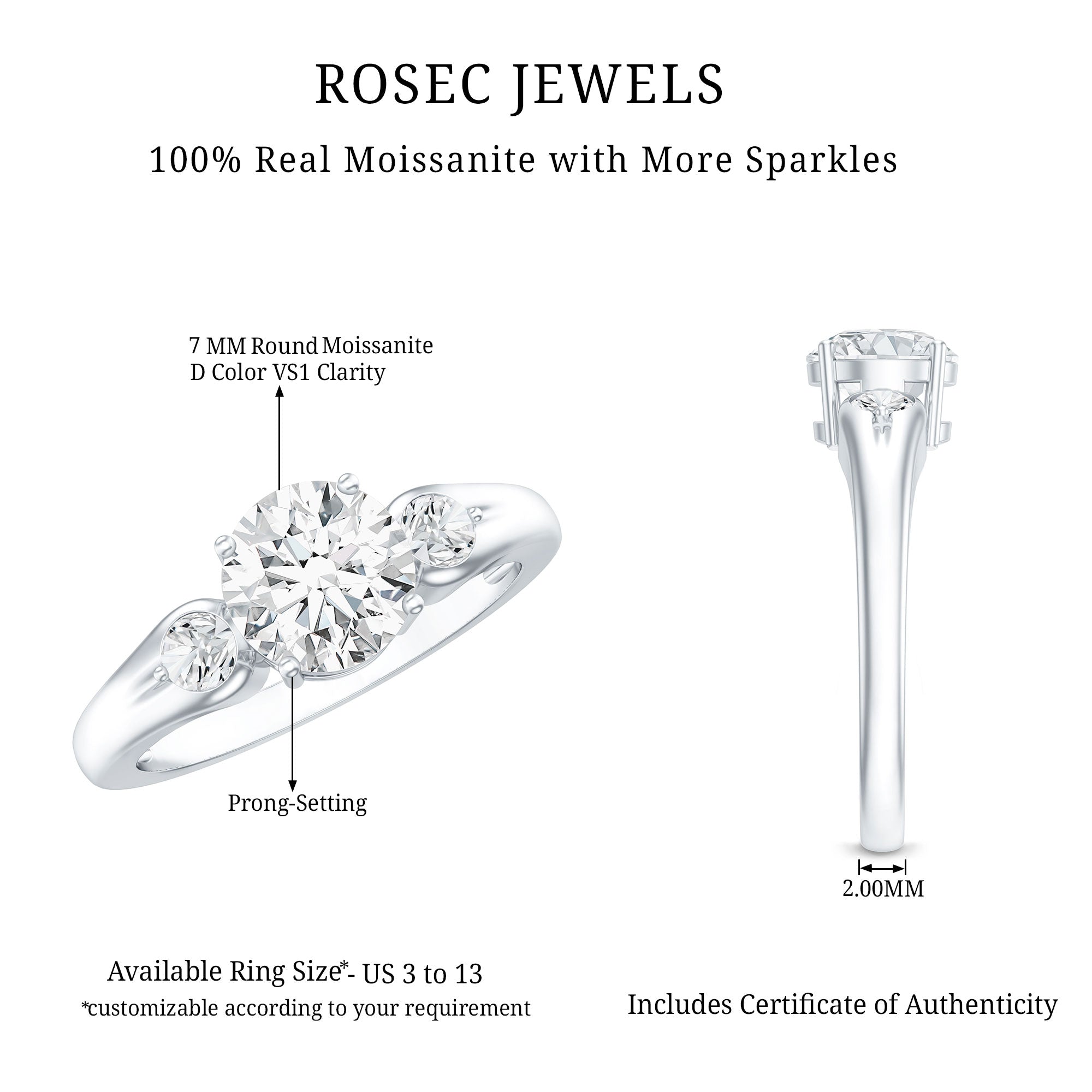 Certified 2 Carat Moissanite Promise Engagement Ring D-VS1 - Rosec Jewels