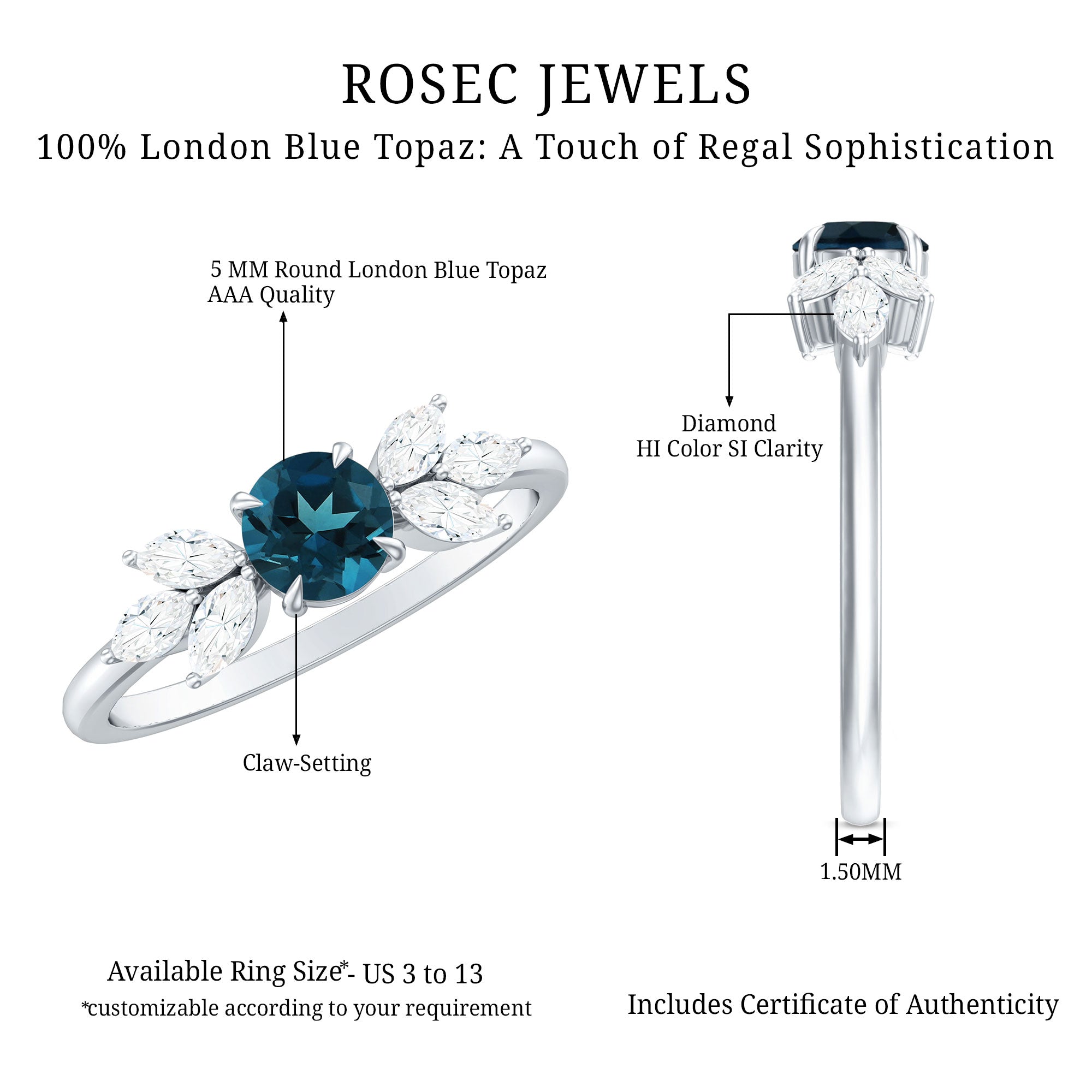 London Blue Topaz Minimal Engagement Ring With Diamond AAA - Rosec Jewels