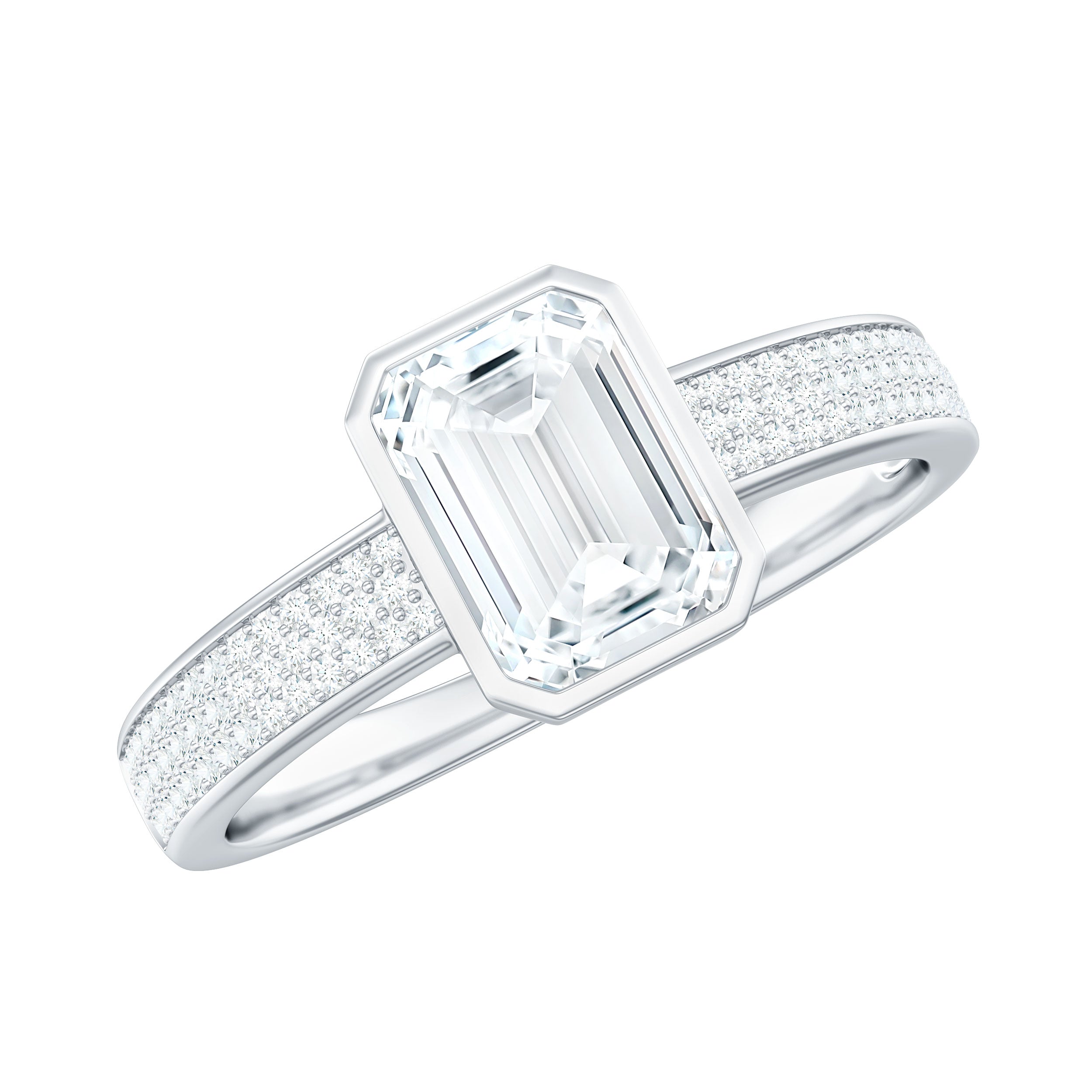 6X8mm Emerald Cut Moissanite Bezel Set Engagement Ring with Side Stones