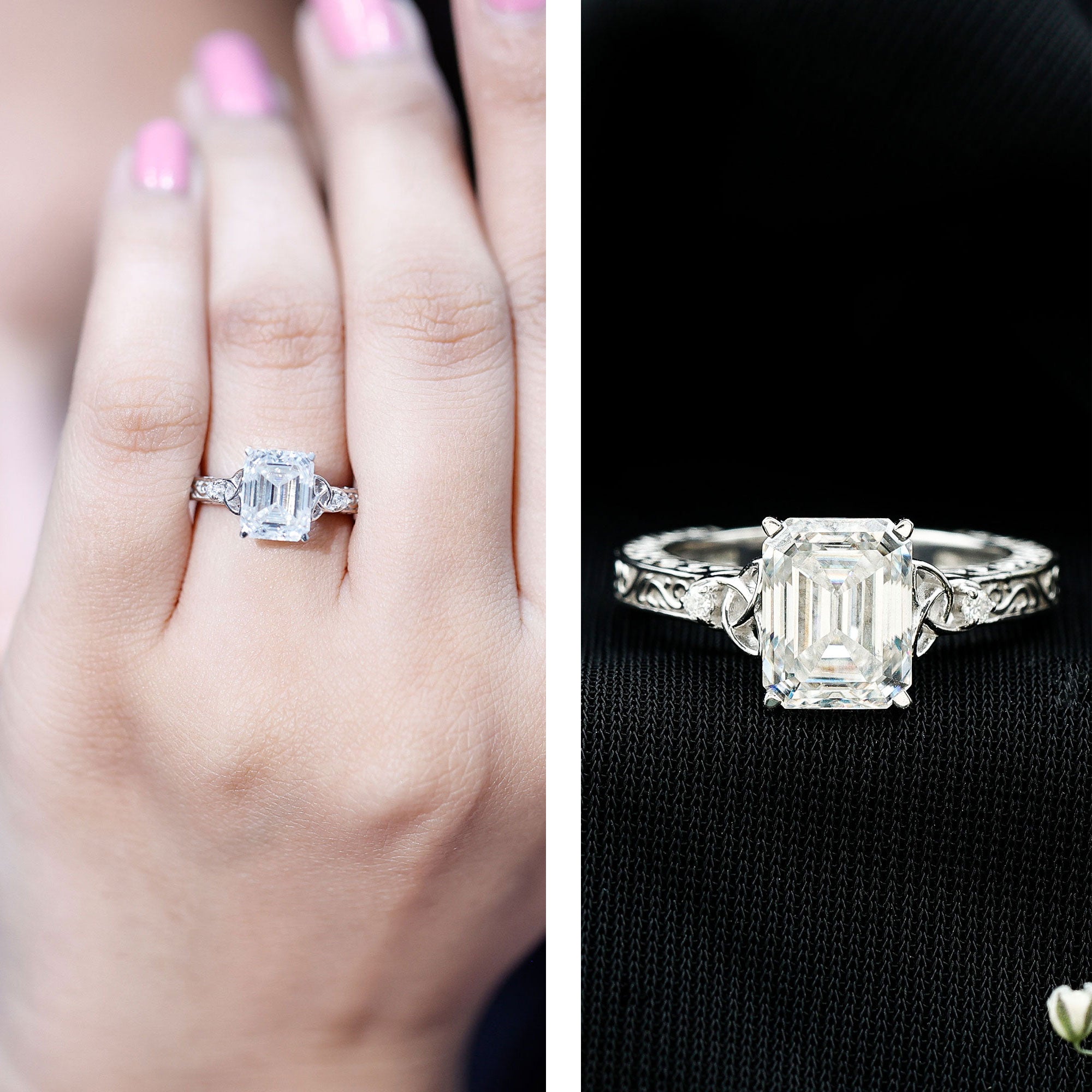 7X9 mm Emerald Cut Moissanite Solitaire Celtic Ring with Engraved Shank D-VS1 - Rosec Jewels