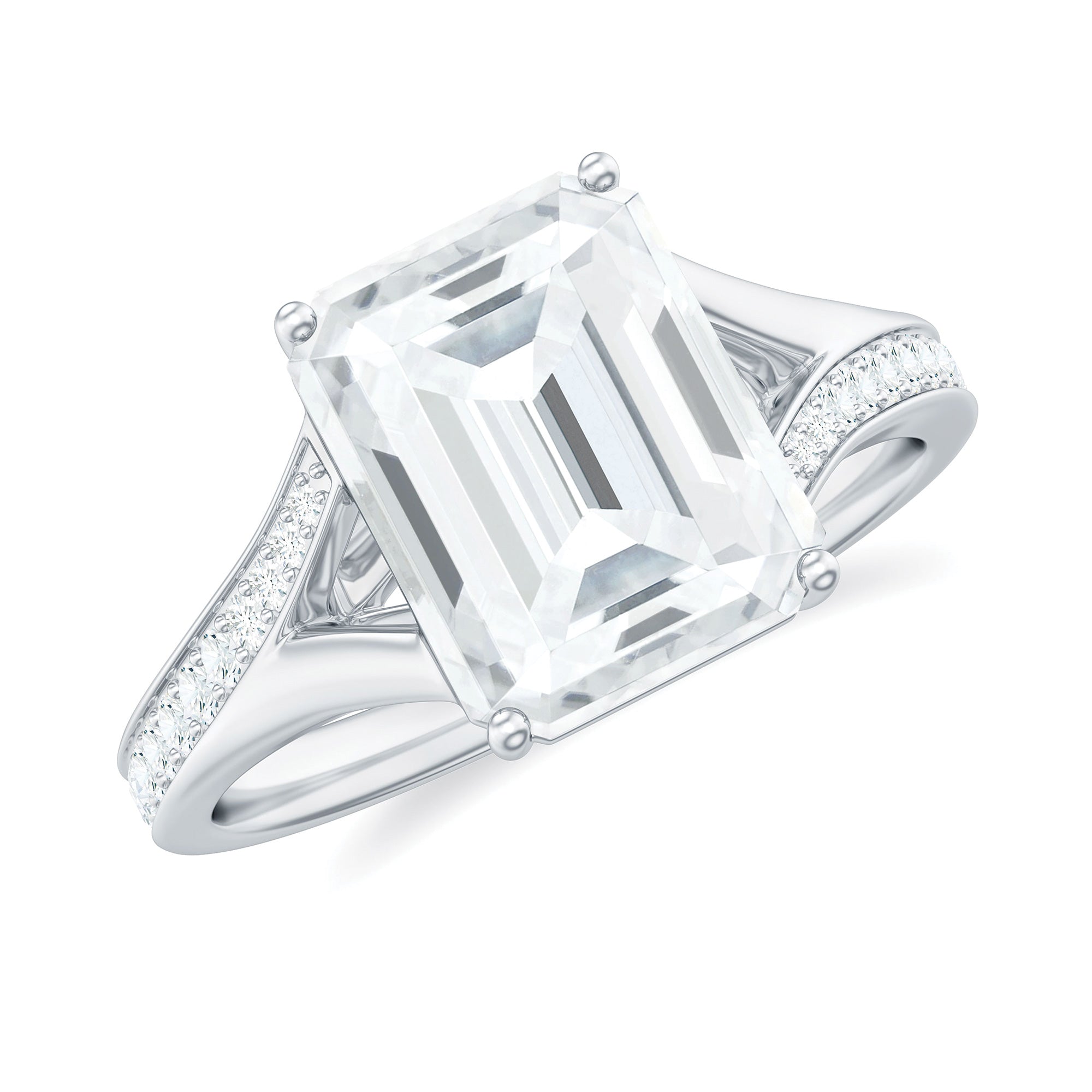Emerald Cut Moissanite Solitaire Engagement Ring with Split Shank D-VS1 - Rosec Jewels